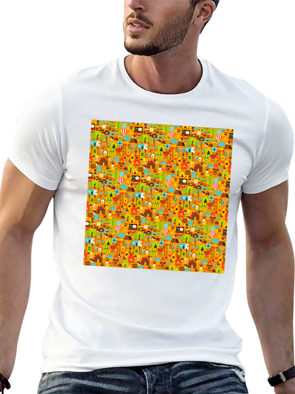 Camping Pattern Mens Black T-Shirt