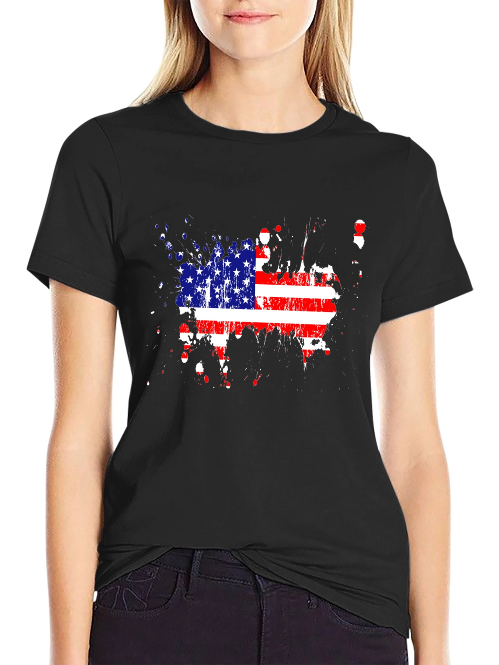 USA Flag Splatter Print Black T-Shirt