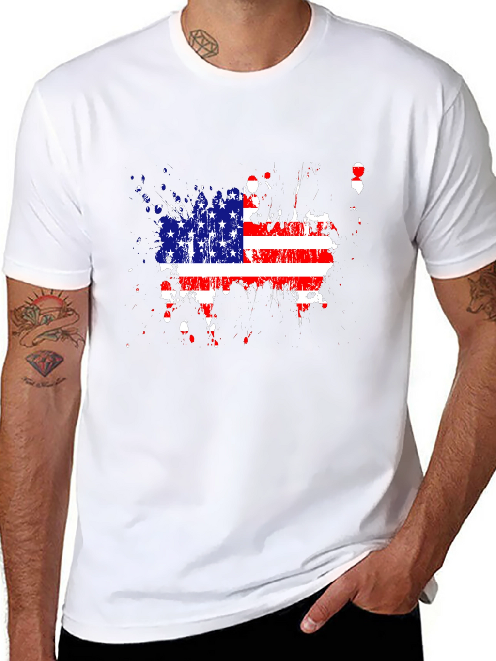 USA Flag Splatter Print Black T-Shirt
