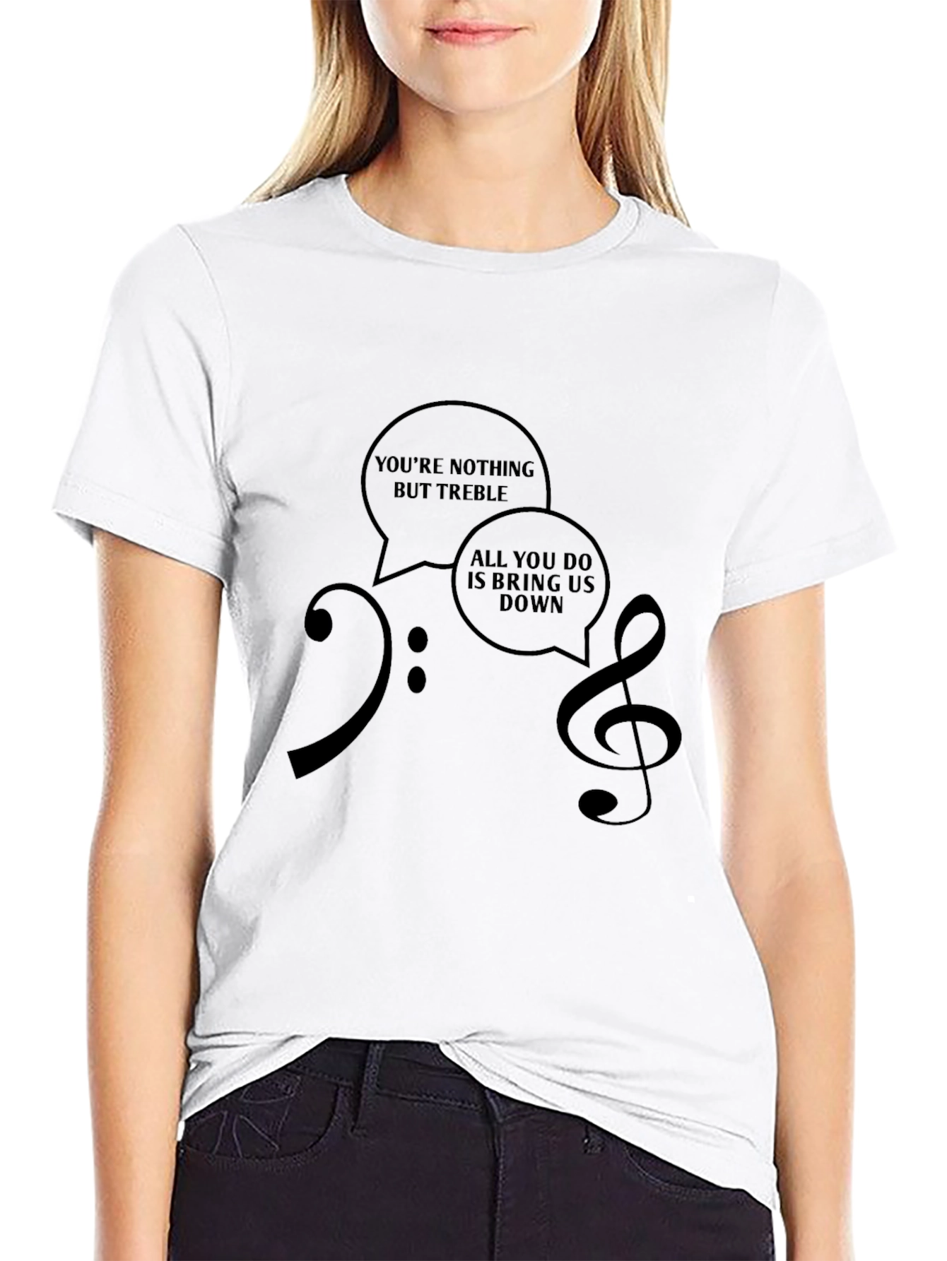 Musical Humor T-Shirt: Treble & Bass Clef Design