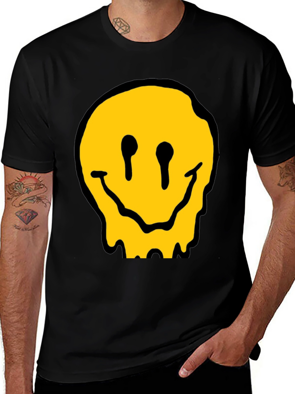 Melting Smiley Face Black Cotton Graphic T-Shirt