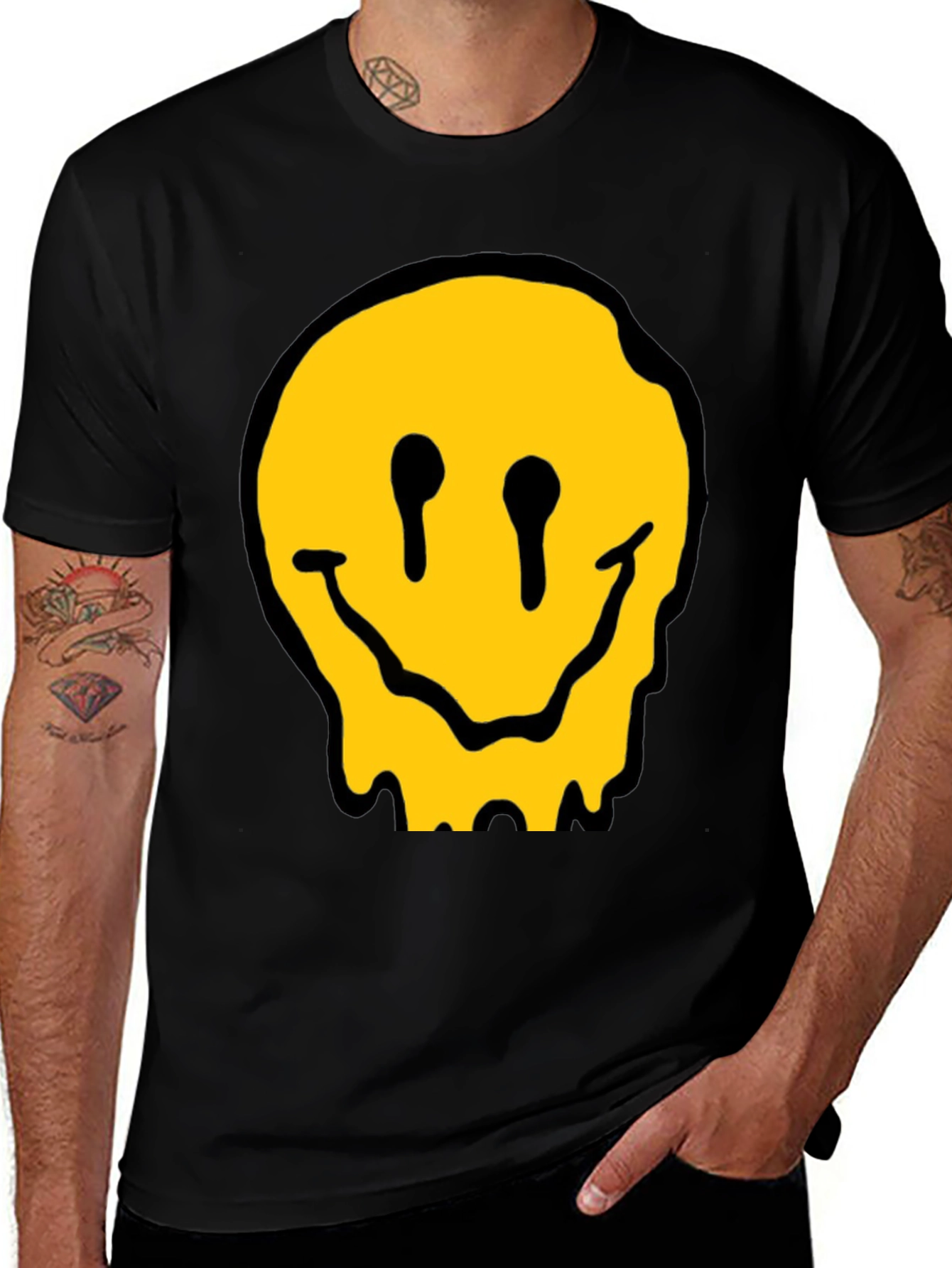 Melting Smiley Face Black Cotton Graphic T-Shirt