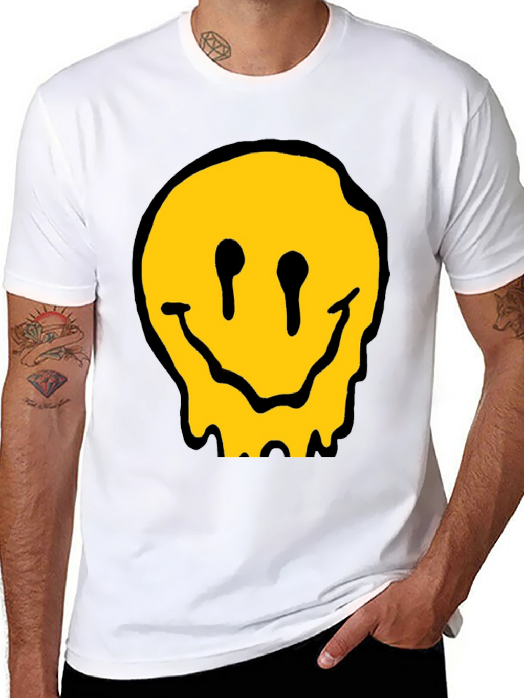 Melting Smiley Face Black Cotton Graphic T-Shirt