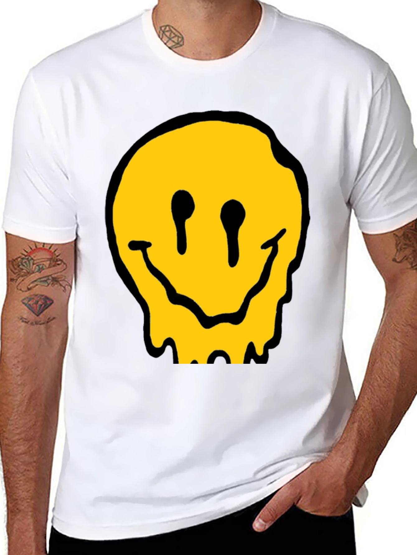 Melting Smiley Face Black Cotton Graphic T-Shirt