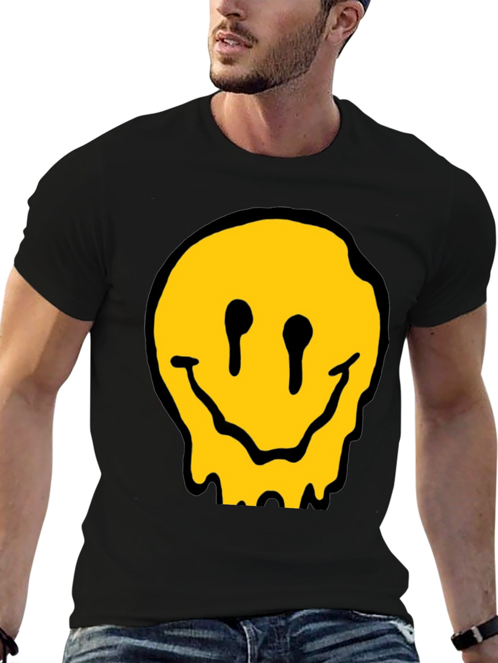 Melting Smiley Face Black Cotton Graphic T-Shirt