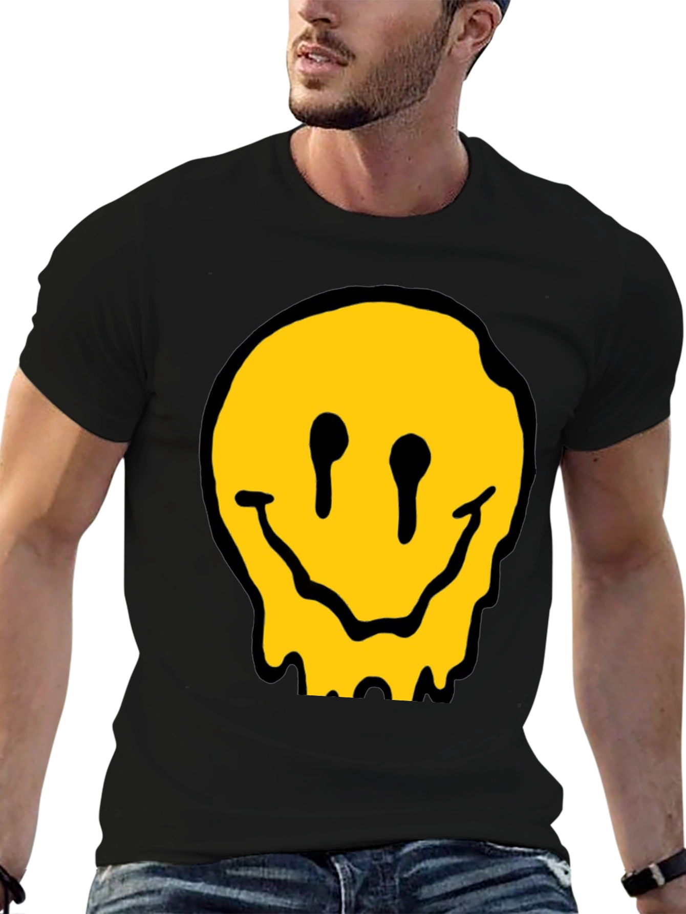 Melting Smiley Face Black Cotton Graphic T-Shirt