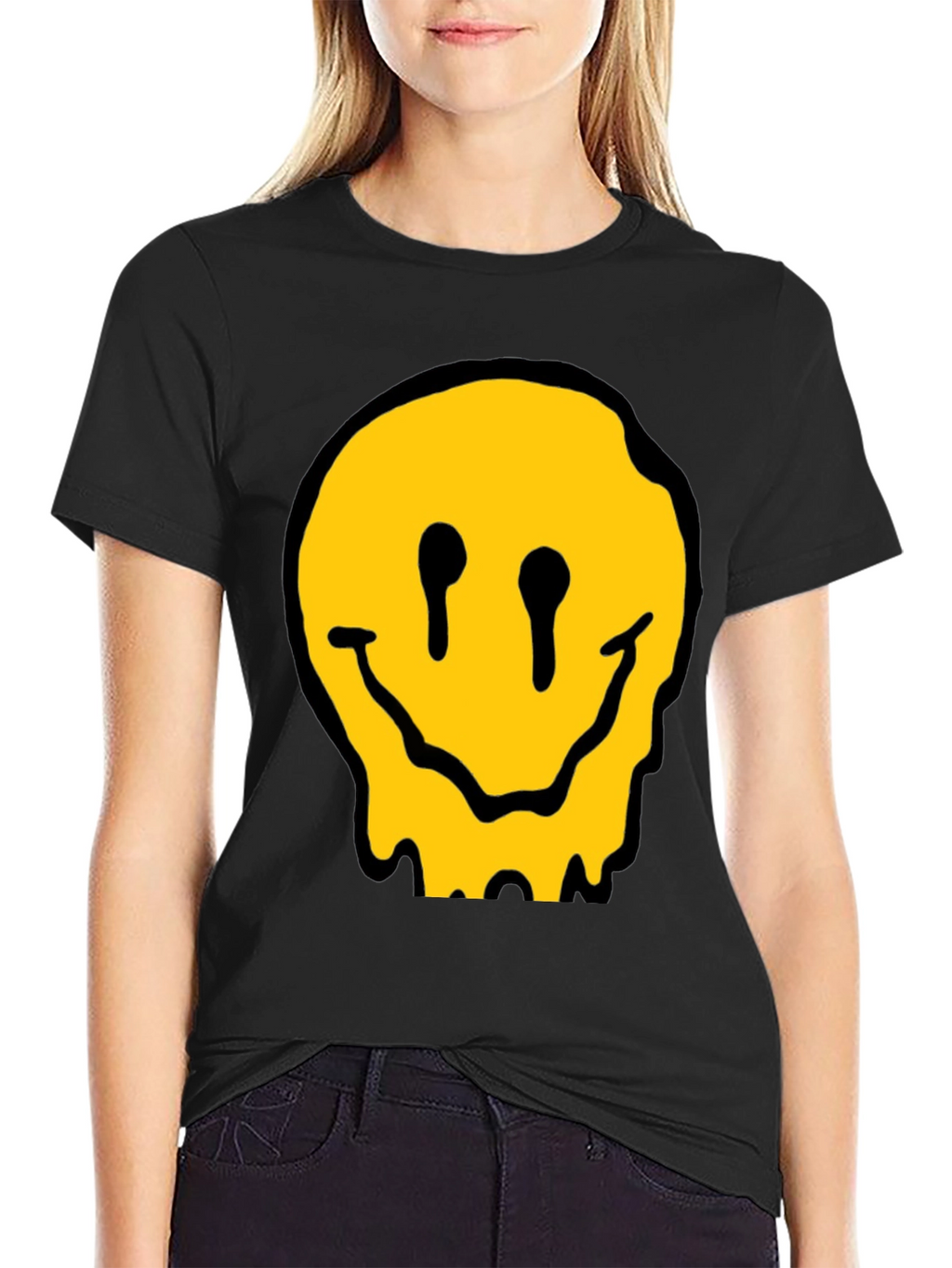 Melting Smiley Face Black Cotton Graphic T-Shirt