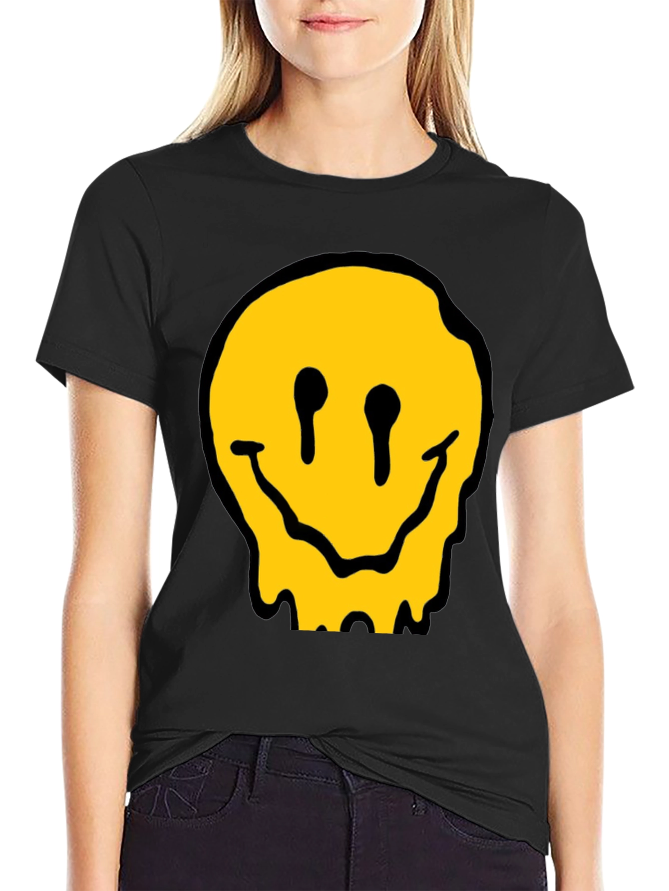 Melting Smiley Face Black Cotton Graphic T-Shirt