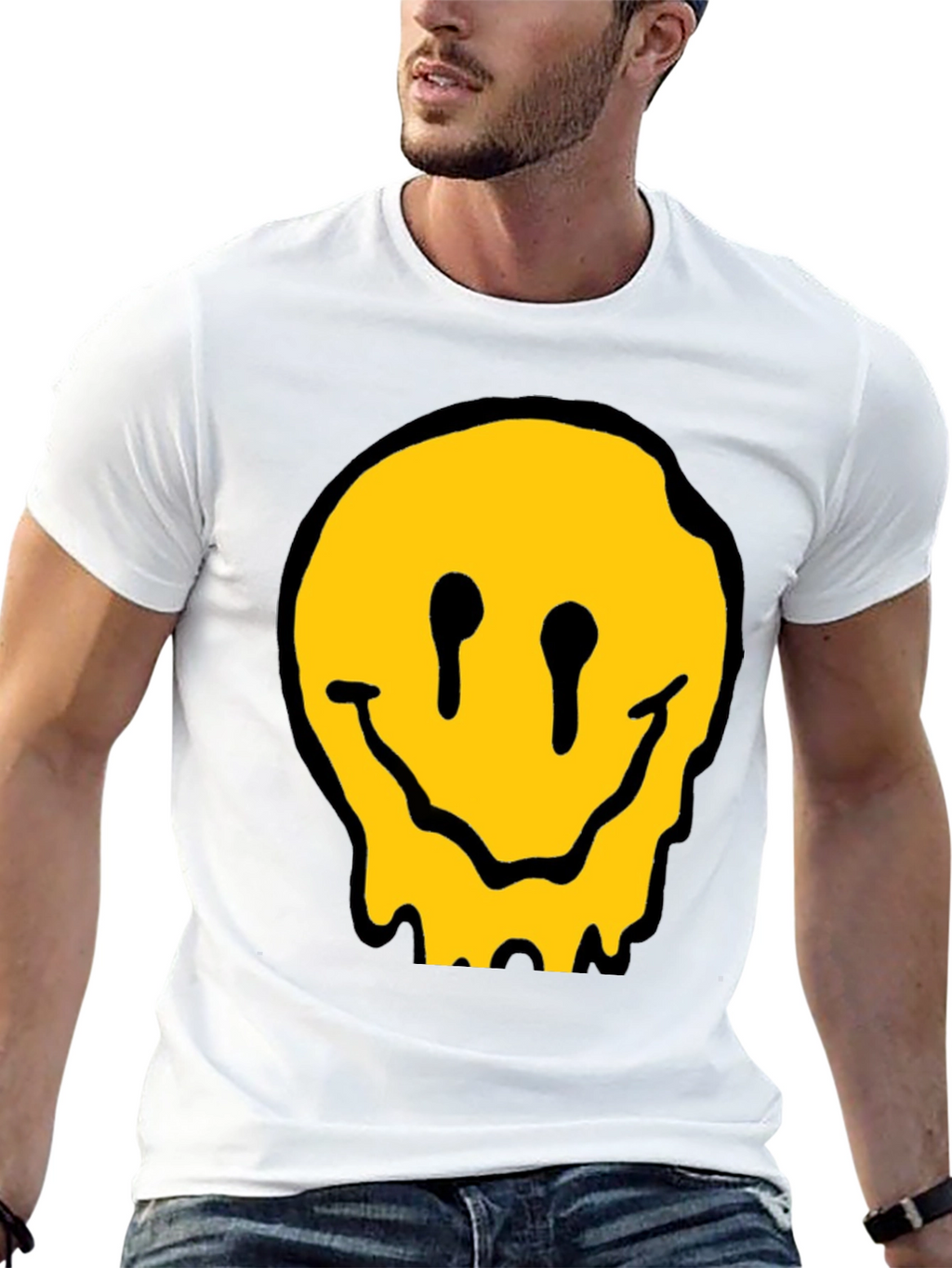 Melting Smiley Face Black Cotton Graphic T-Shirt