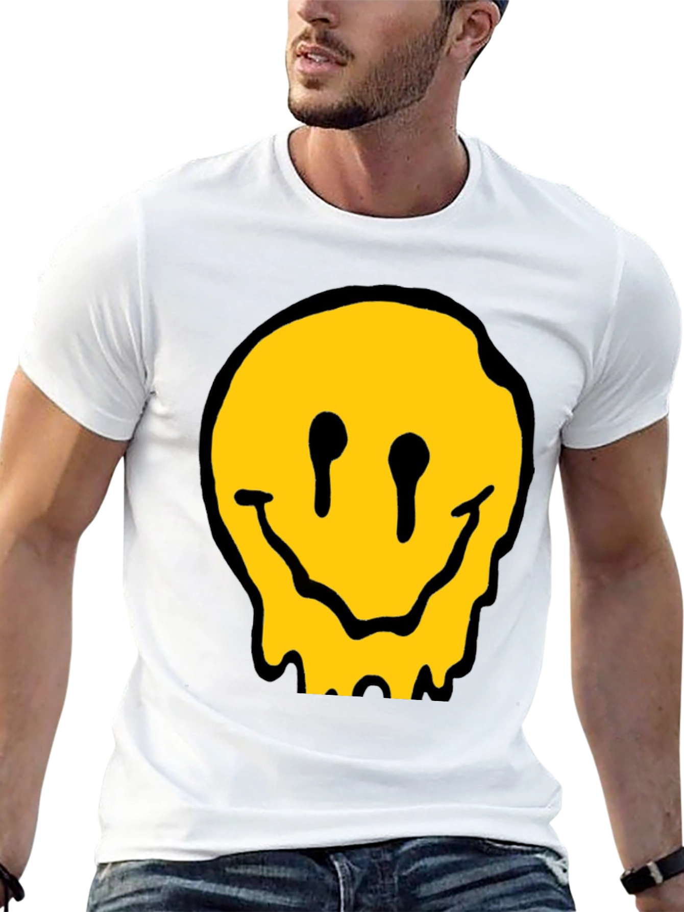 Melting Smiley Face Black Cotton Graphic T-Shirt