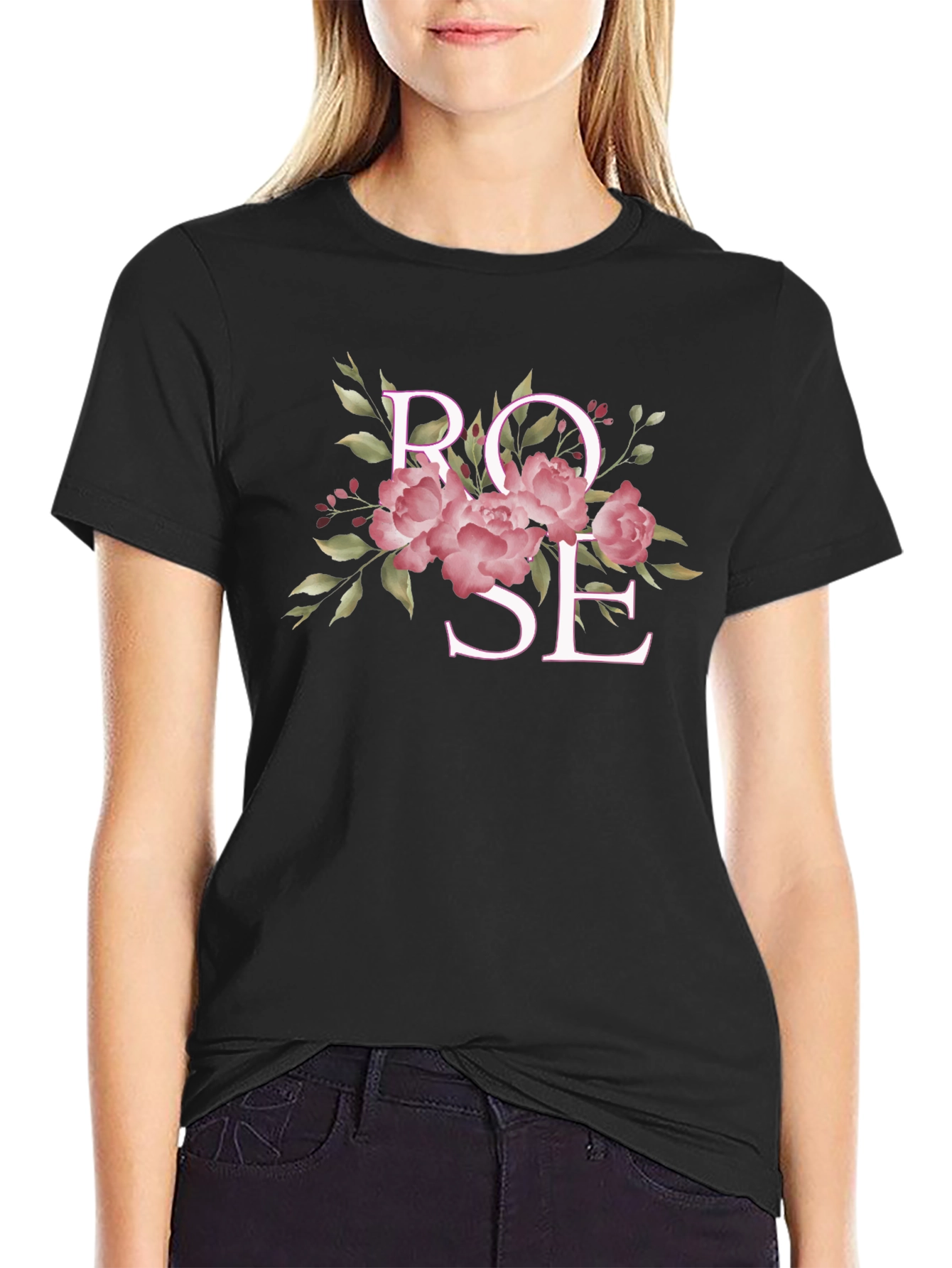 Rose Floral Graphic Black T-Shirt
