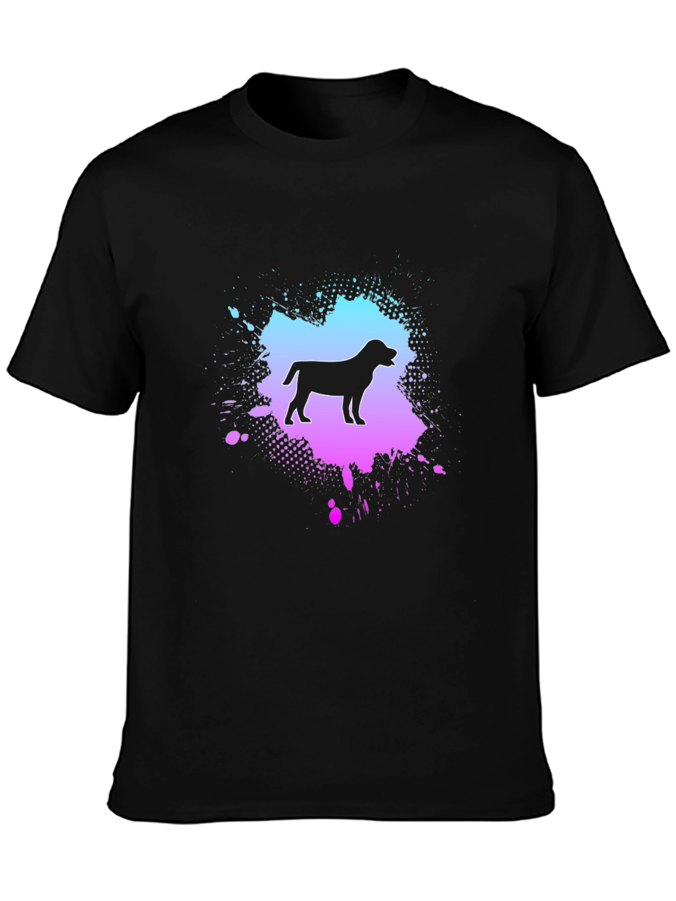 Dog Silhouette Black T-Shirt with Colorful Splatter Design