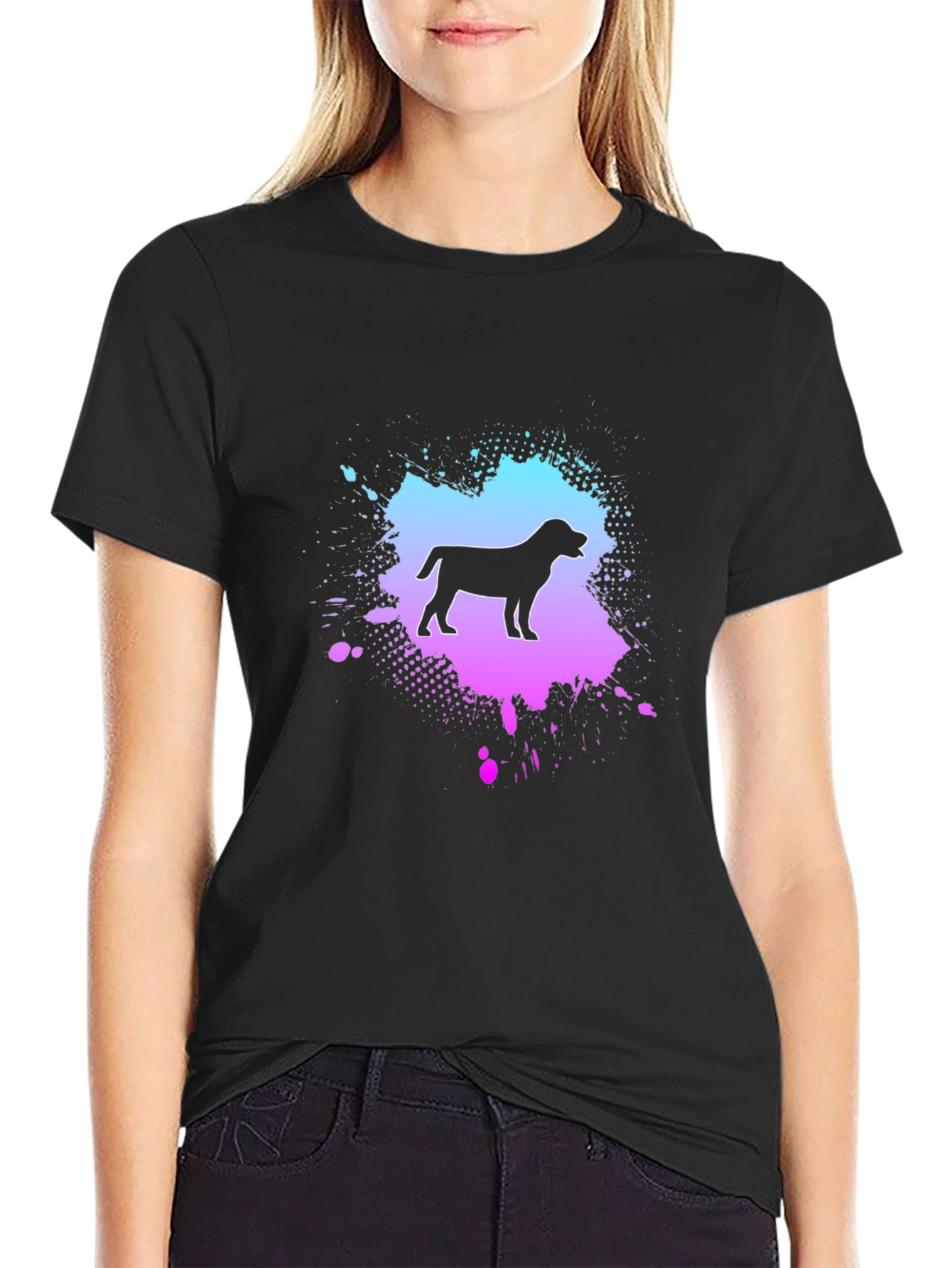 Dog Silhouette Black T-Shirt with Colorful Splatter Design