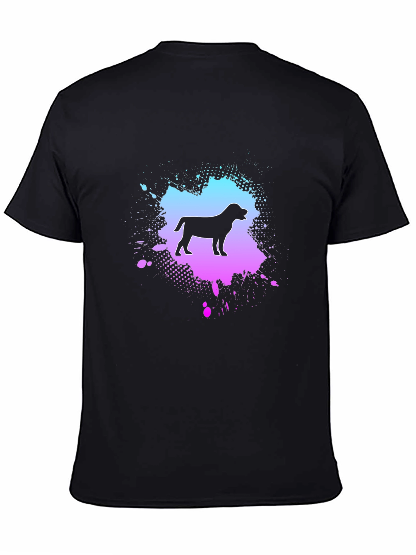 Dog Silhouette Black T-Shirt with Colorful Splatter Design
