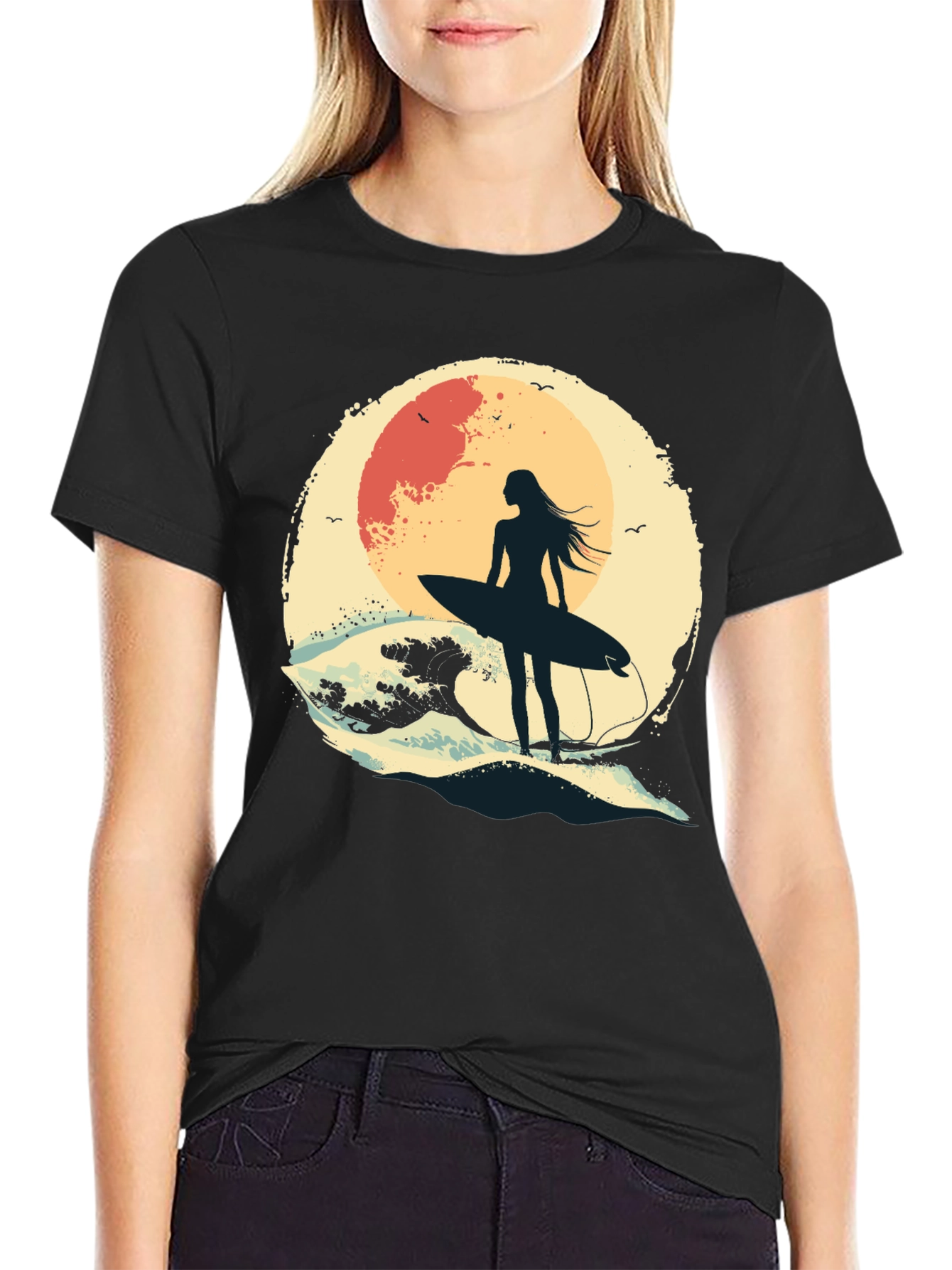 Surfer Girl Graphic Tee - Black Unisex T-Shirt