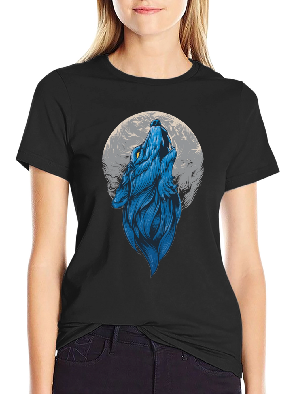 Blue Wolf Howling at Moon Graphic Tee