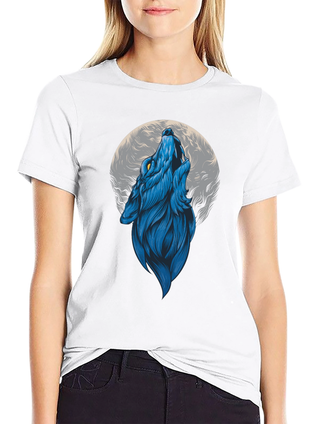 Blue Wolf Howling at Moon Graphic Tee