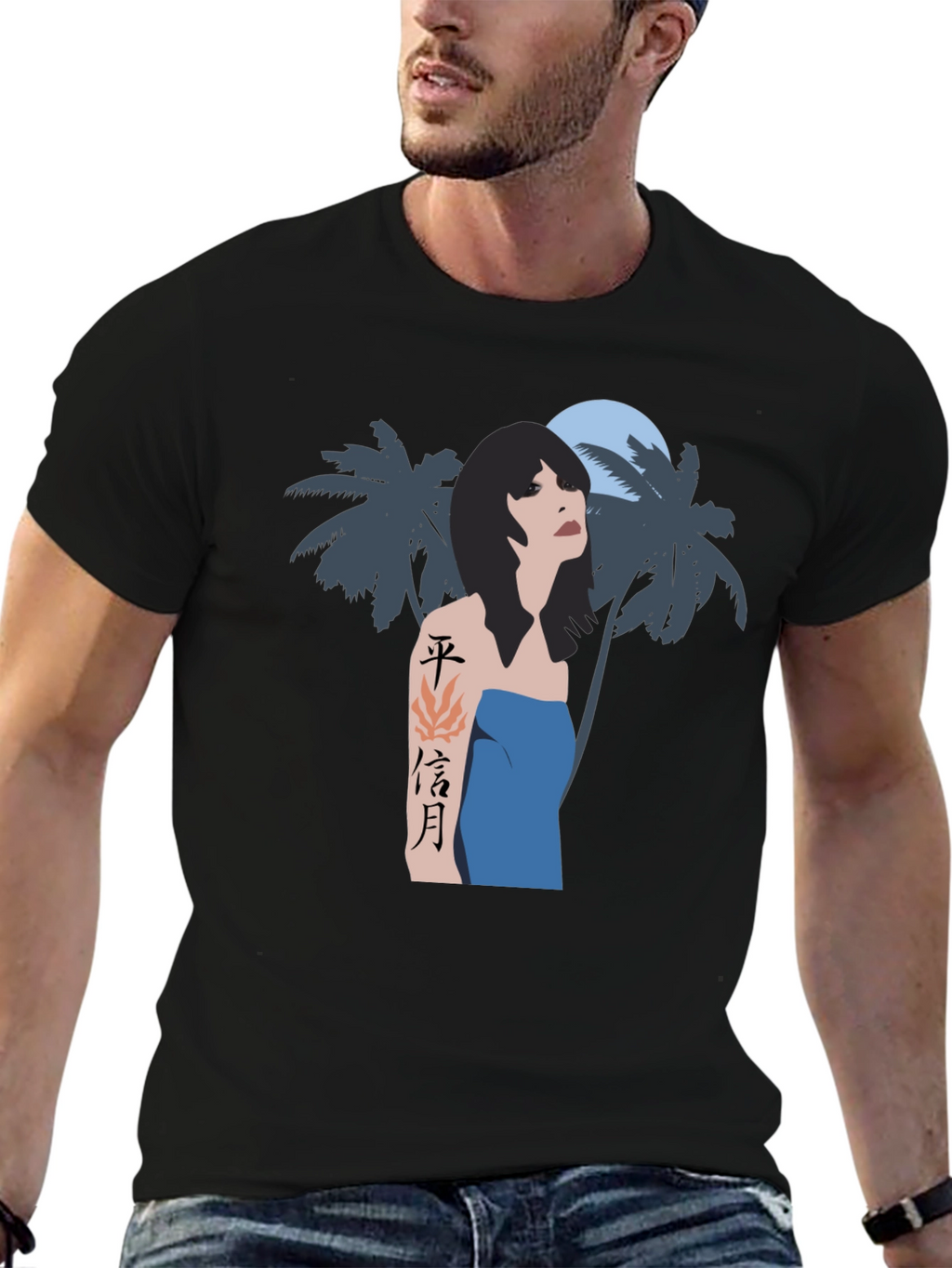 Tropical Woman Graphic Tee - Black Cotton Blend