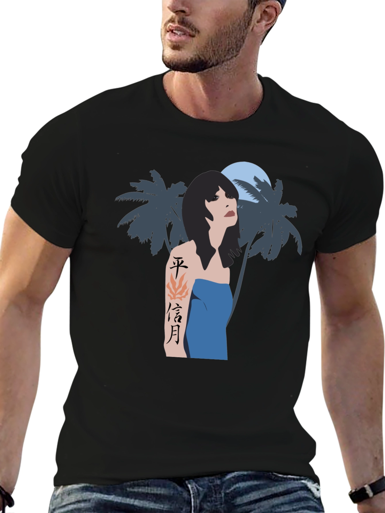 Tropical Woman Graphic Tee - Black Cotton Blend