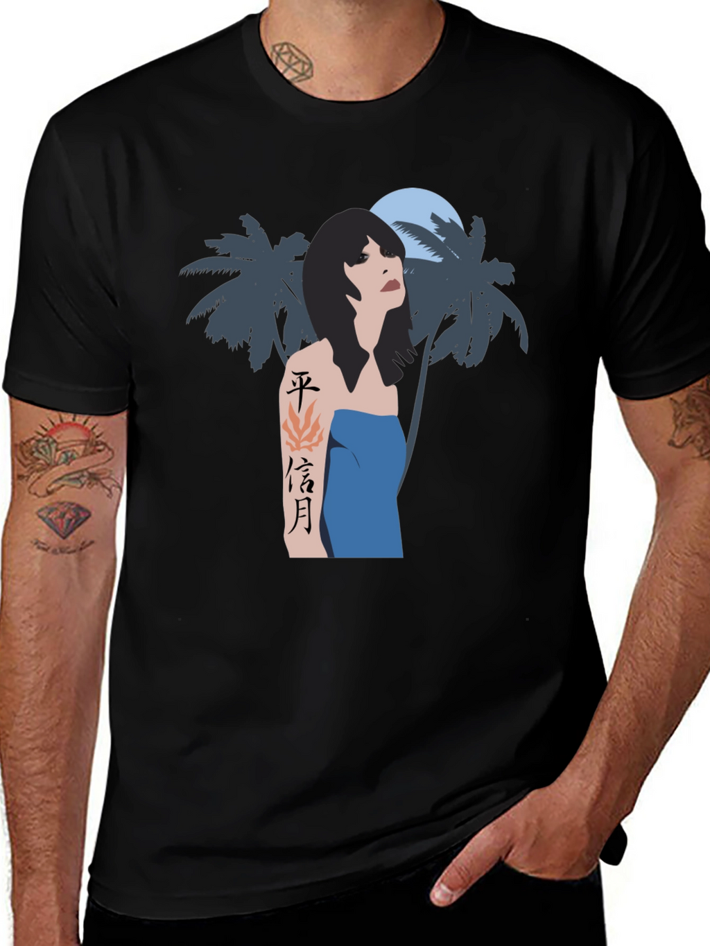 Tropical Woman Graphic Tee - Black Cotton Blend