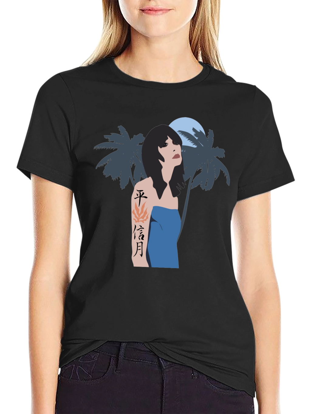 Tropical Woman Graphic Tee - Black Cotton Blend