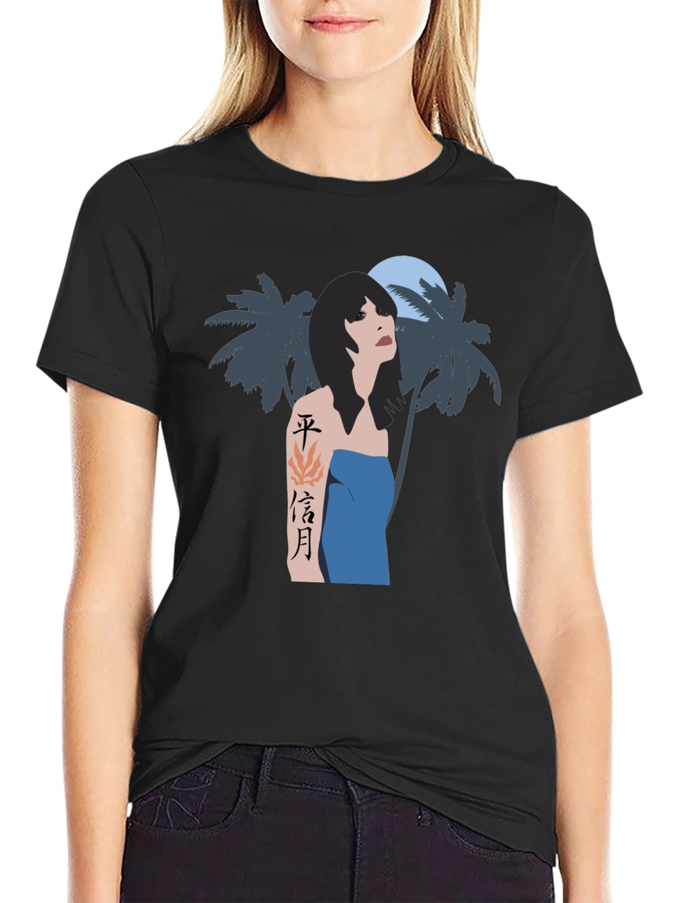 Tropical Woman Graphic Tee - Black Cotton Blend