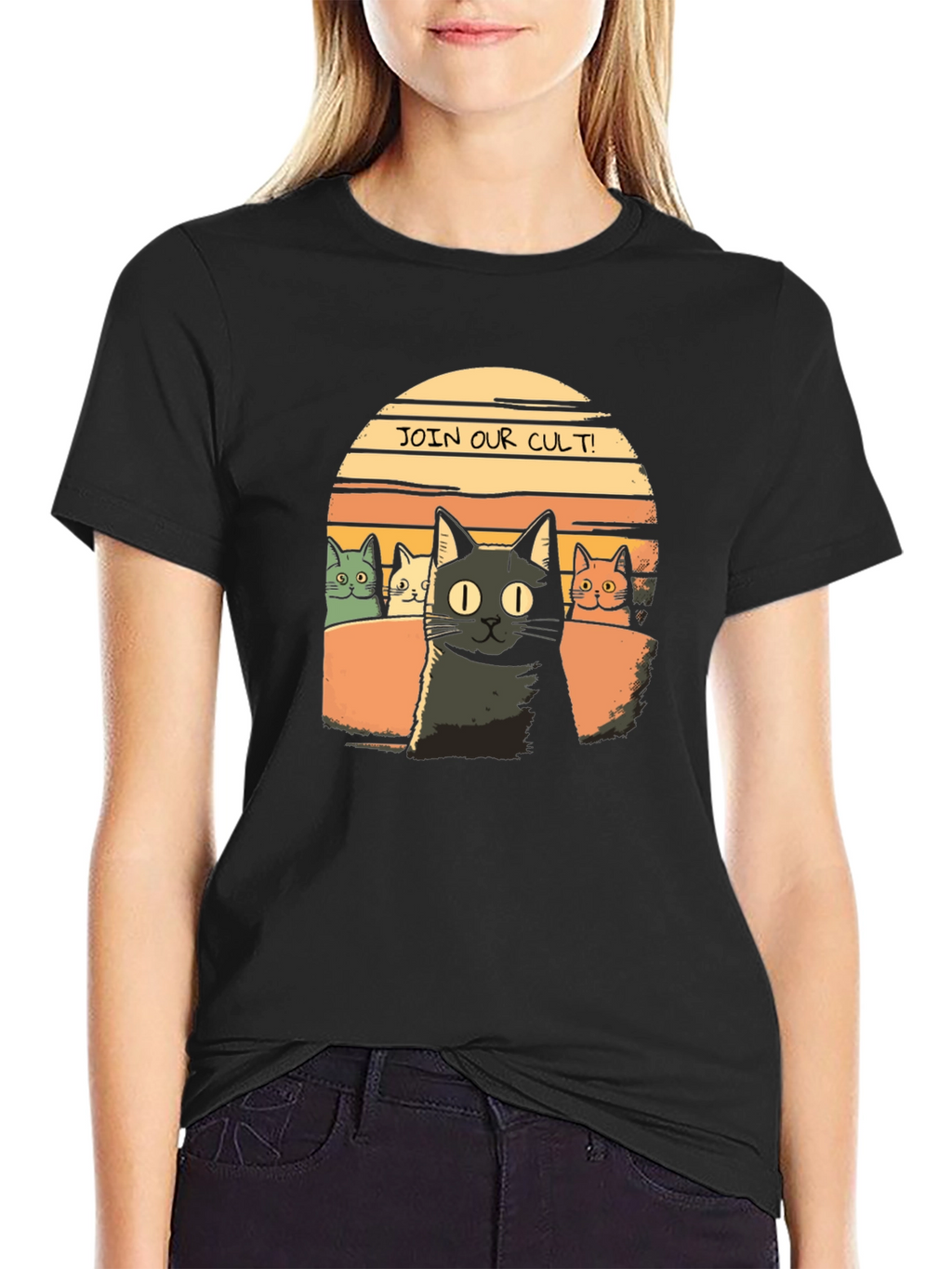 Join Our Cult! Cat Graphic Black T-Shirt