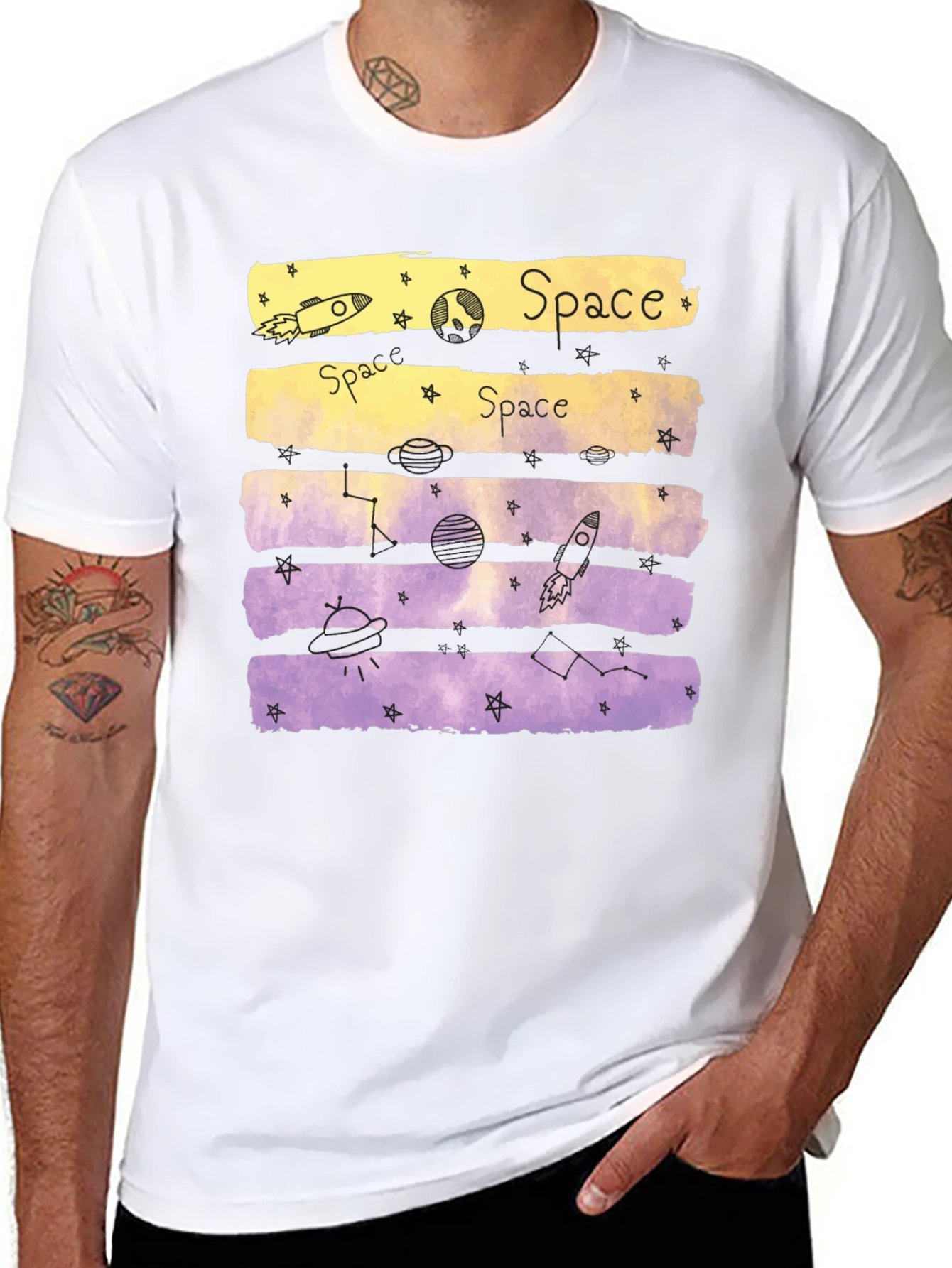 Space Theme Graphic Tee - Black Cotton Blend