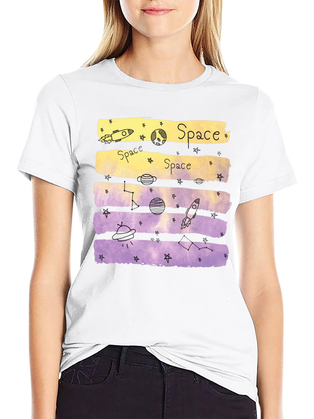 Space Theme Graphic Tee - Black Cotton Blend