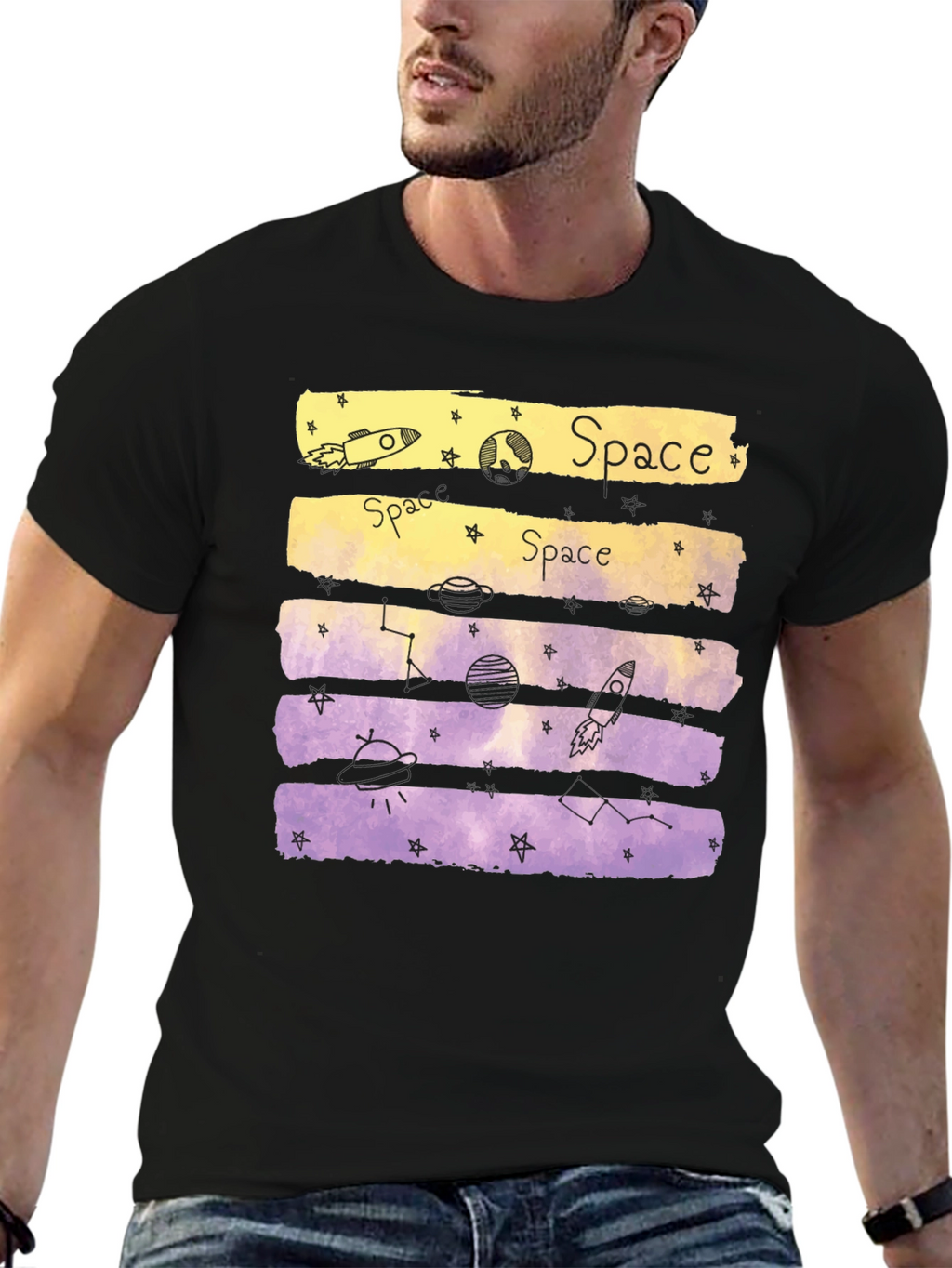 Space Theme Graphic Tee - Black Cotton Blend