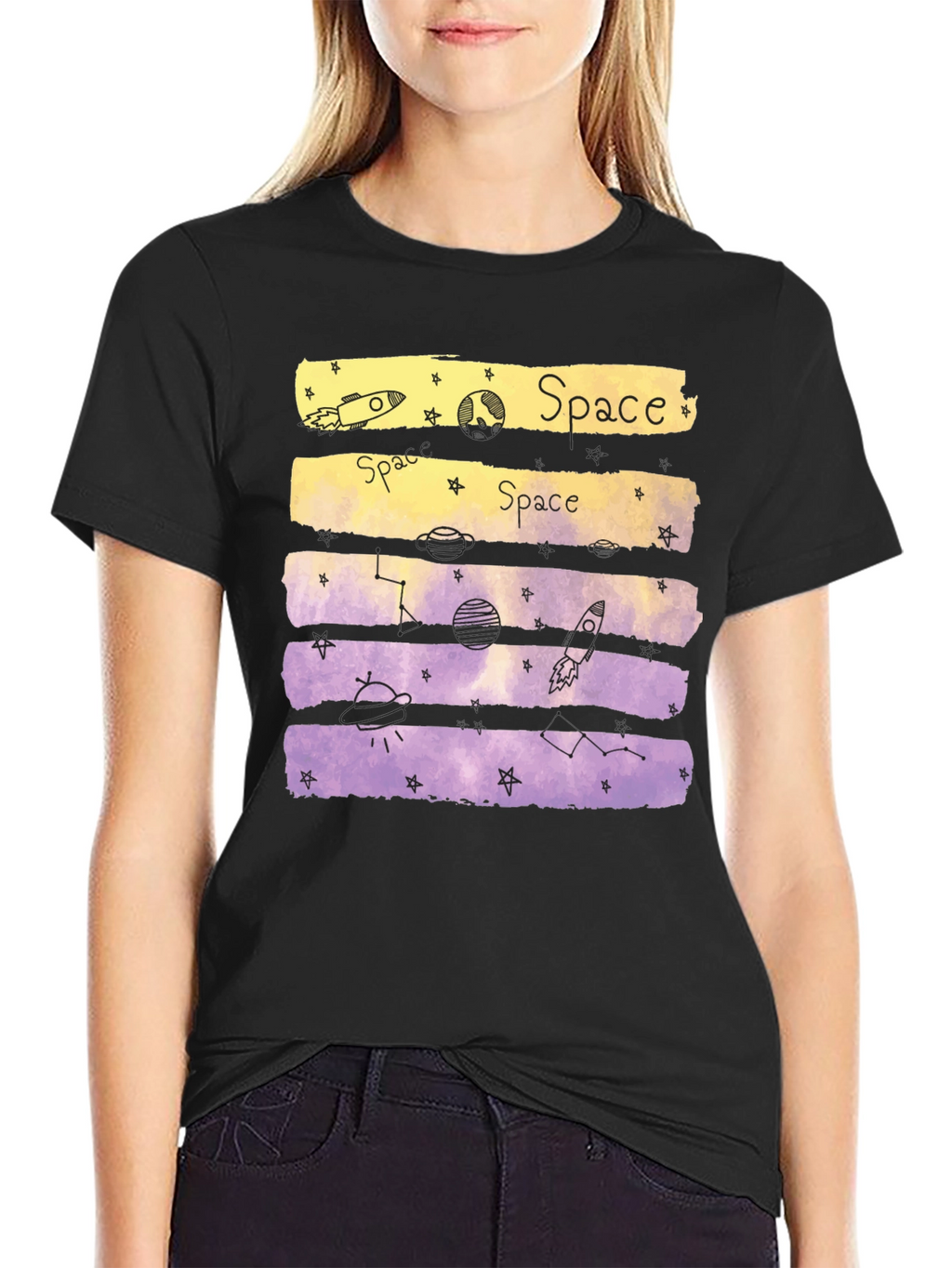 Space Theme Graphic Tee - Black Cotton Blend