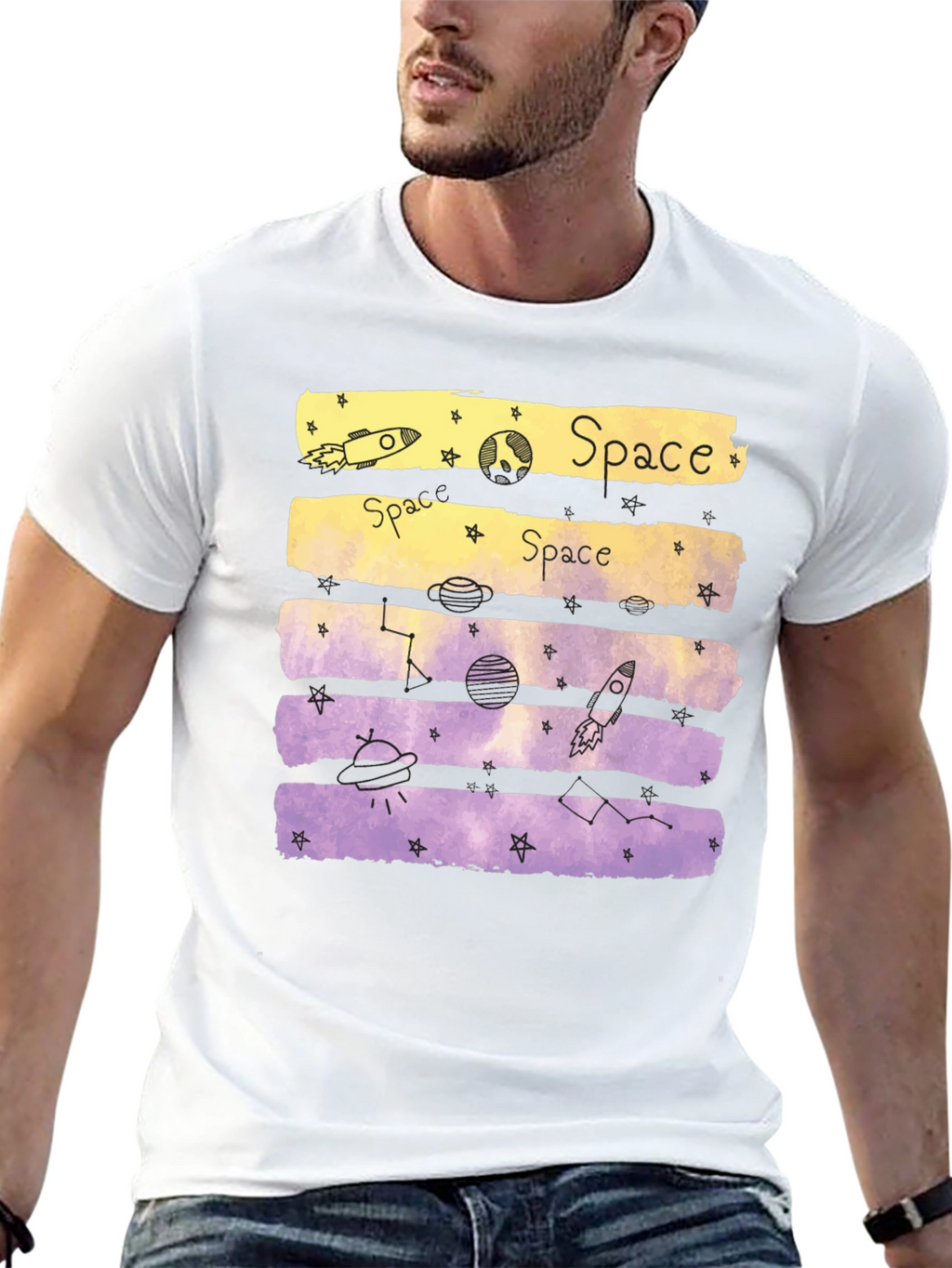 Space Theme Graphic Tee - Black Cotton Blend