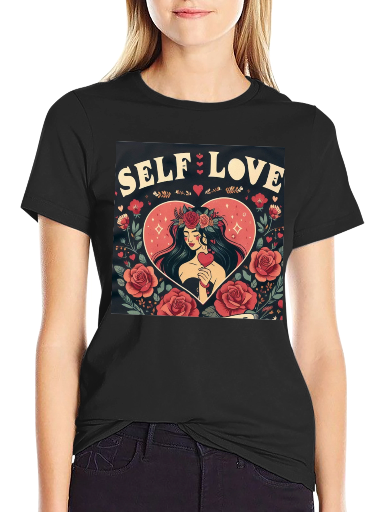 Self Love Graphic Tee Heart & Rose Design