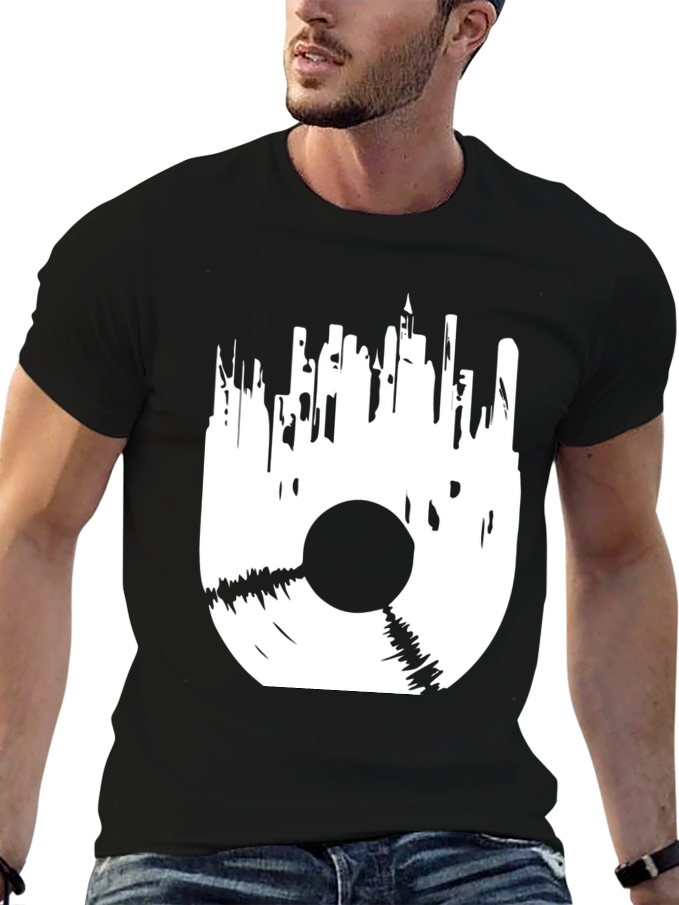 Vinyl Cityscape Graphic Tee - Black Cotton Blend