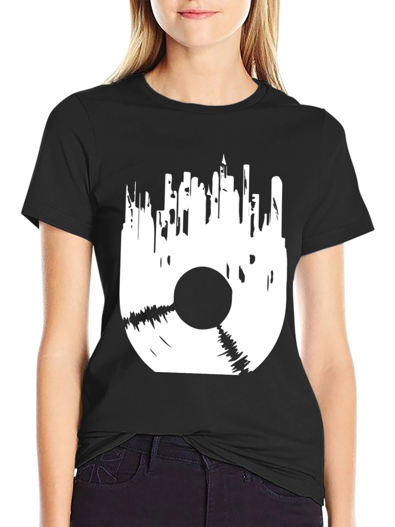 Vinyl Cityscape Graphic Tee - Black Cotton Blend