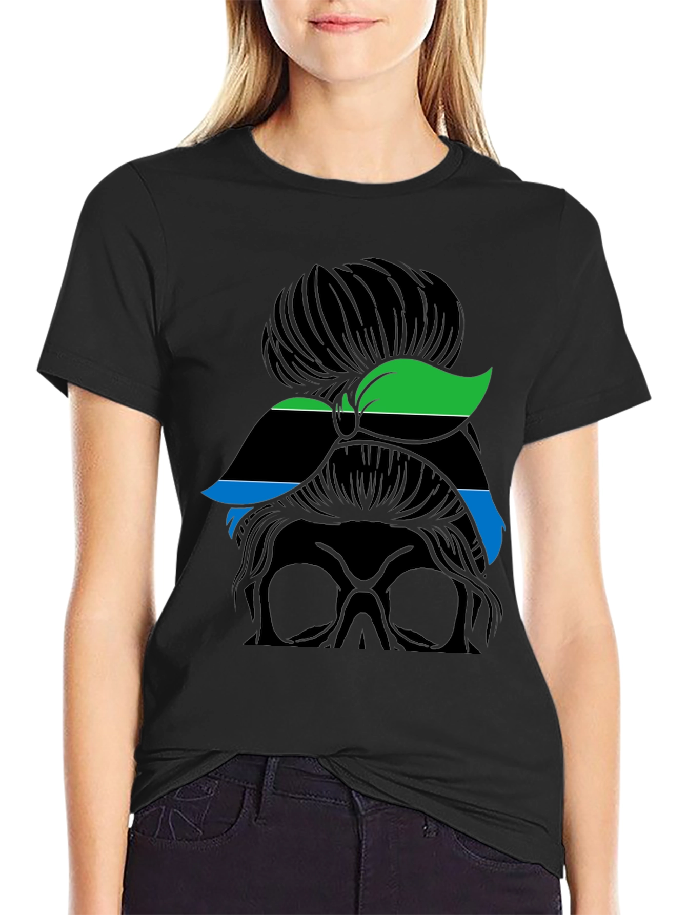 Skull Woman Graphic Tee - Black Crew Neck Casual Shirt