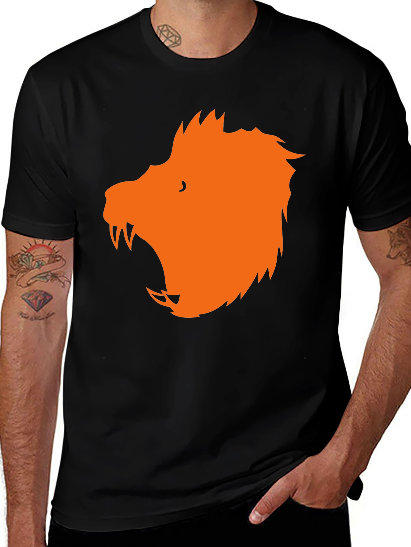 Black T-Shirt with Orange Wolf Graphic