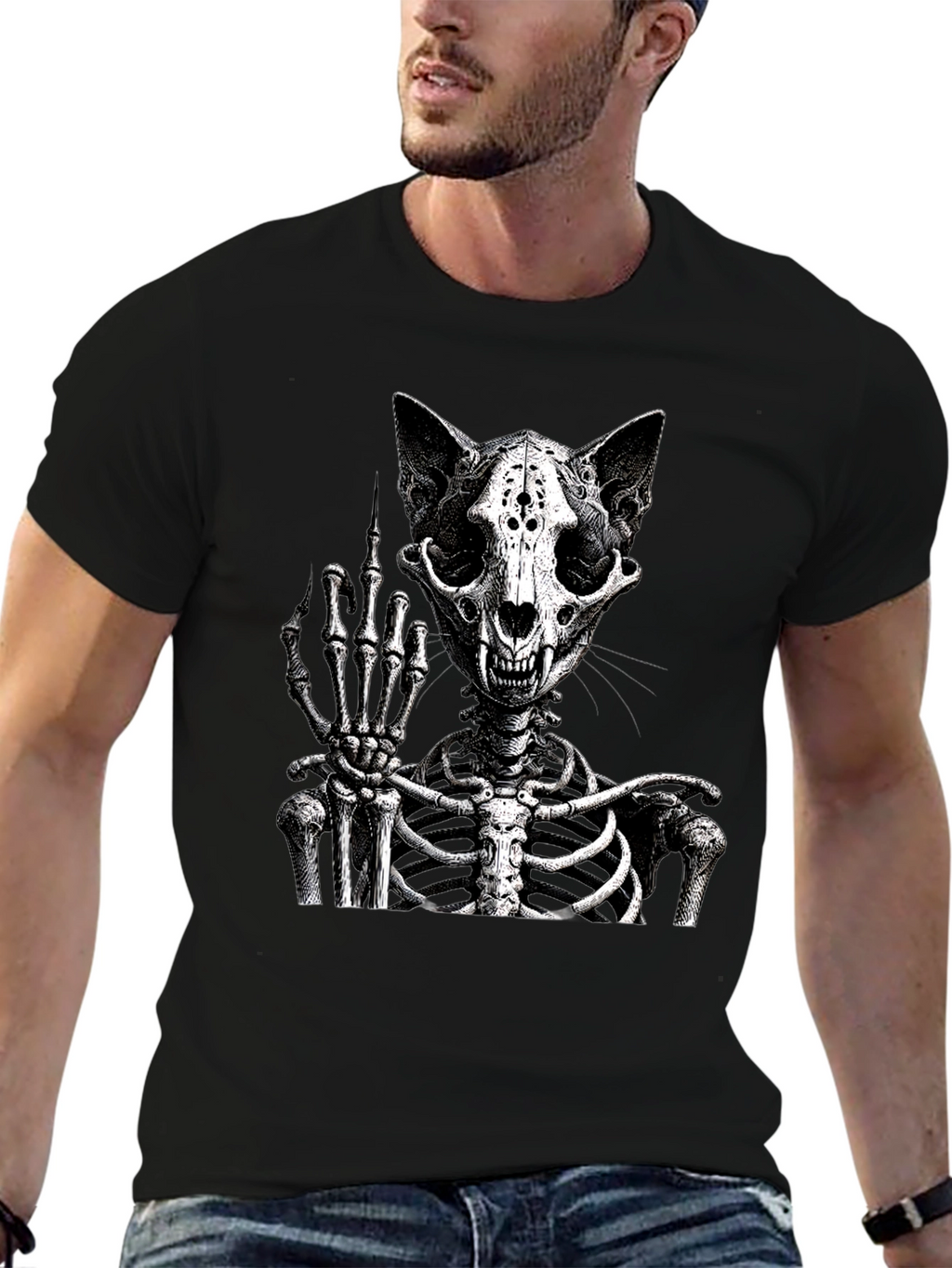 Cat Skeleton T-Shirt Flipping The Bird