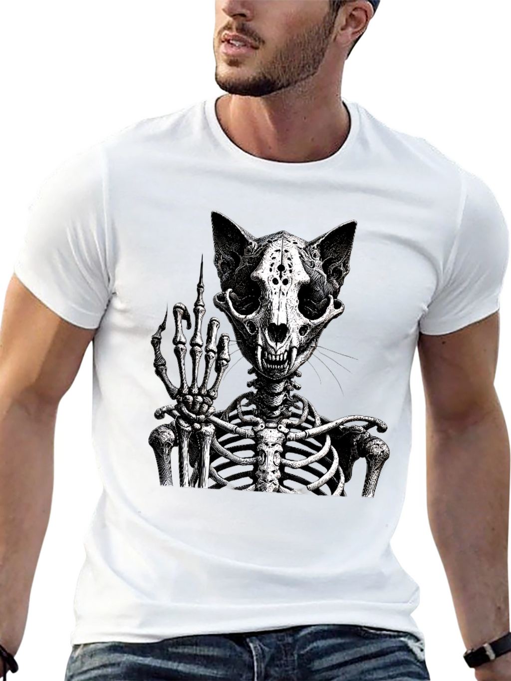 Cat Skeleton T-Shirt Flipping The Bird