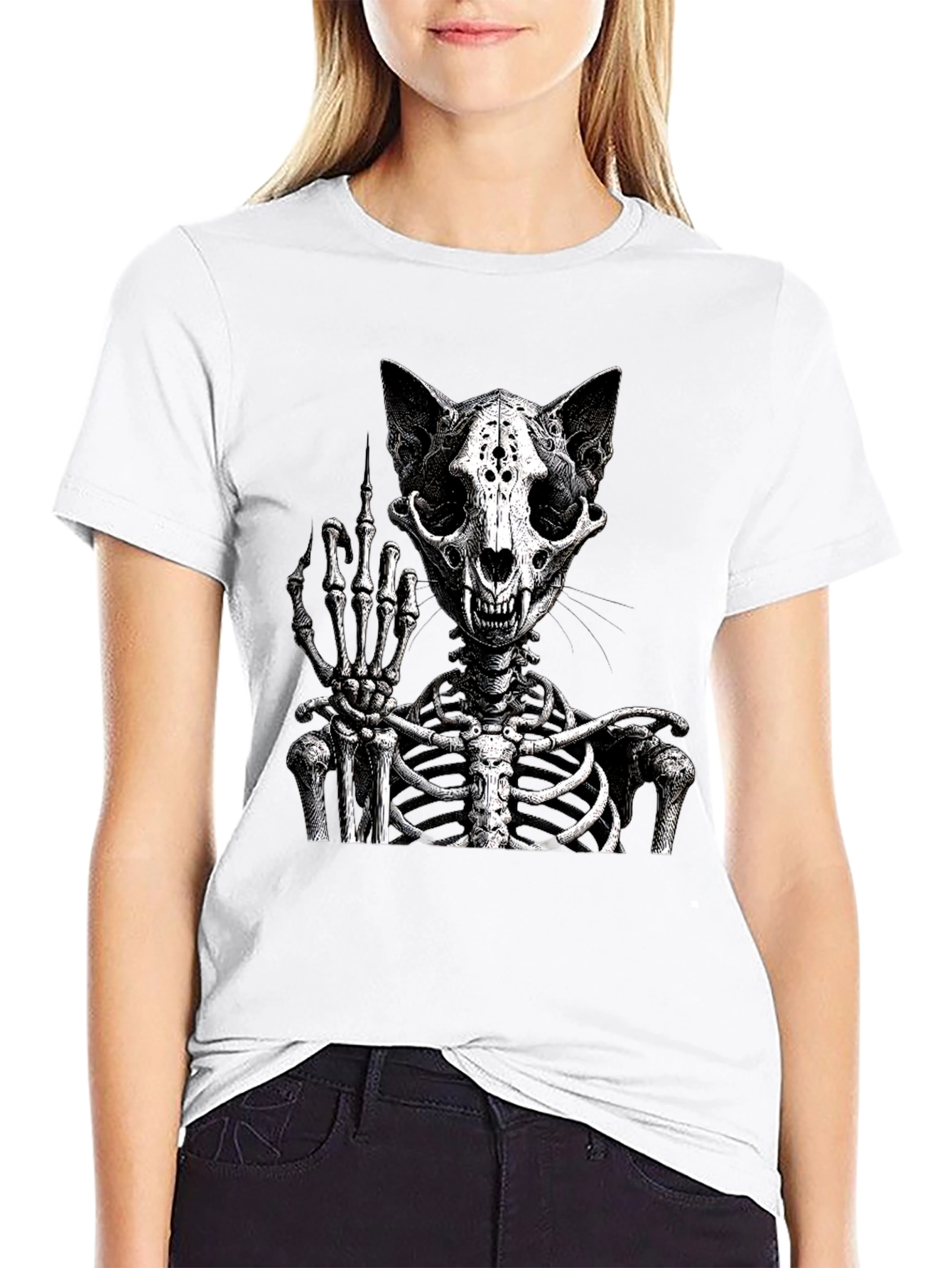 Cat Skeleton T-Shirt Flipping The Bird