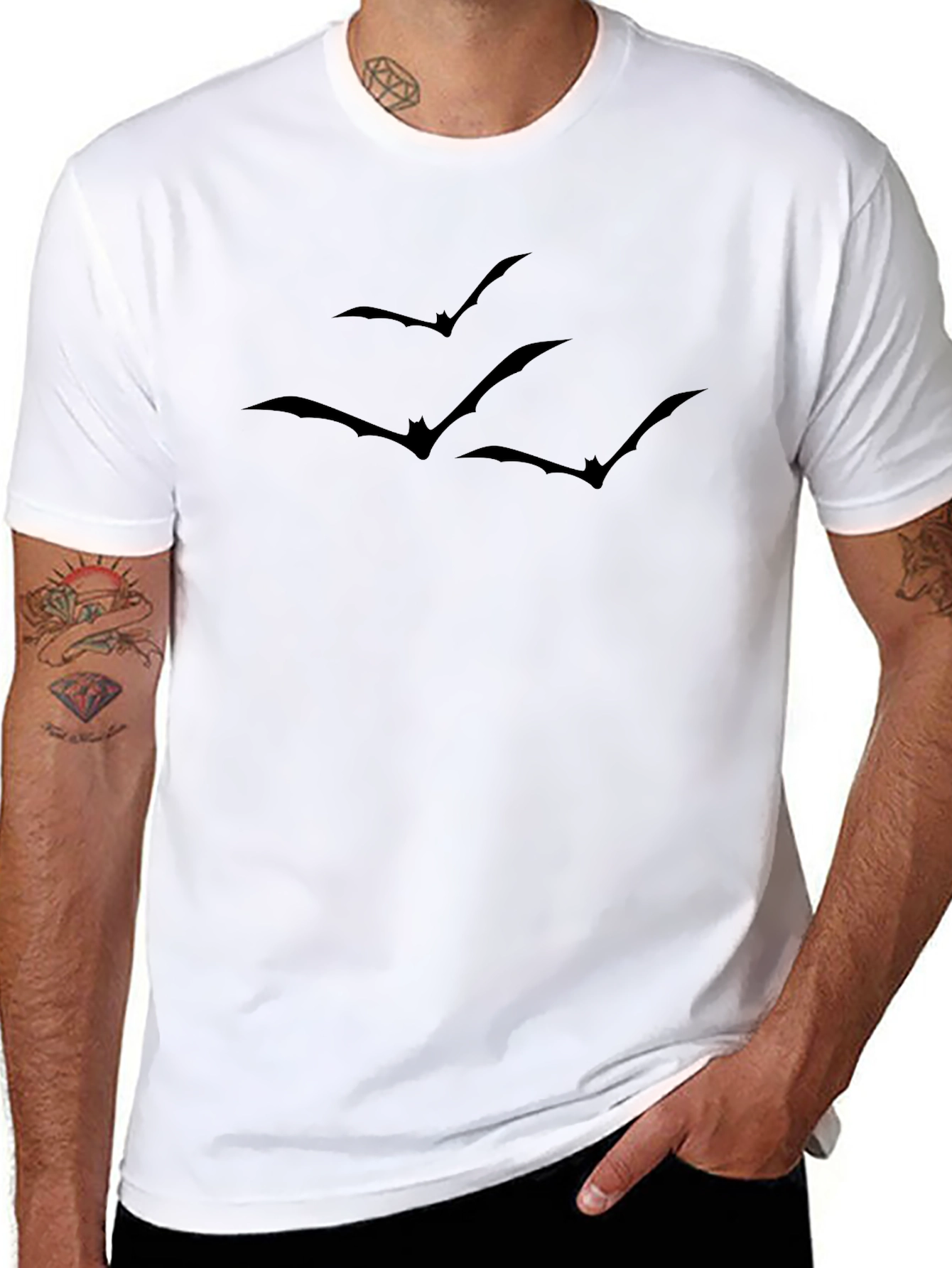 Mens Black Bat Print Crew Neck T-Shirt