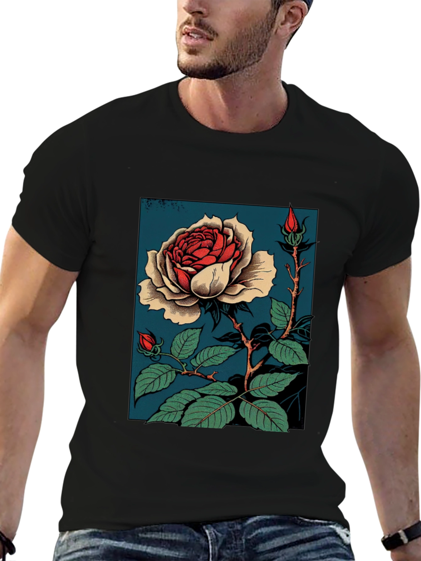 Elegant Rose Graphic T-Shirt - Black