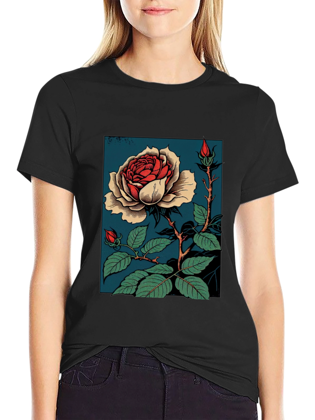 Elegant Rose Graphic T-Shirt - Black
