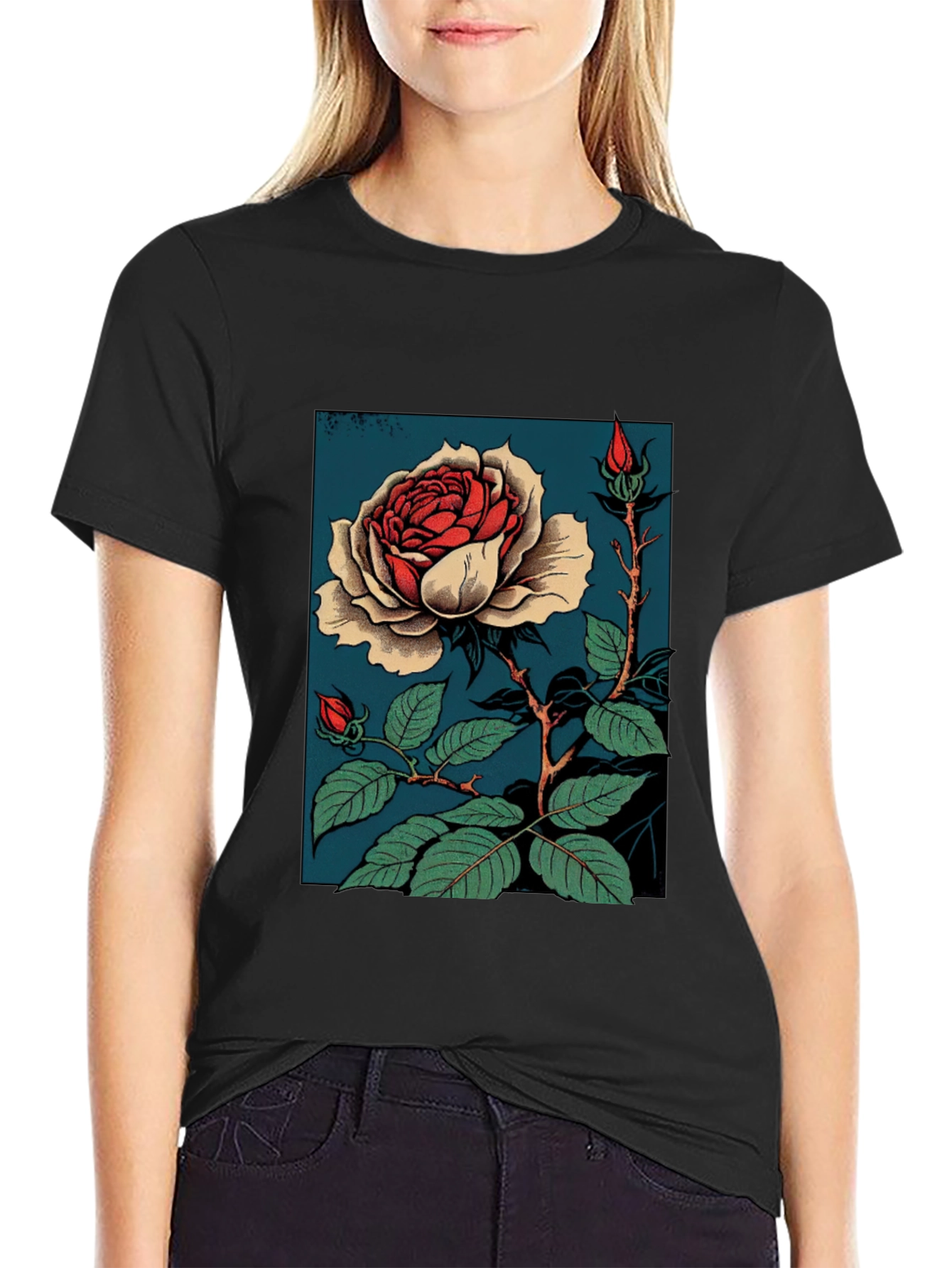 Elegant Rose Graphic T-Shirt - Black