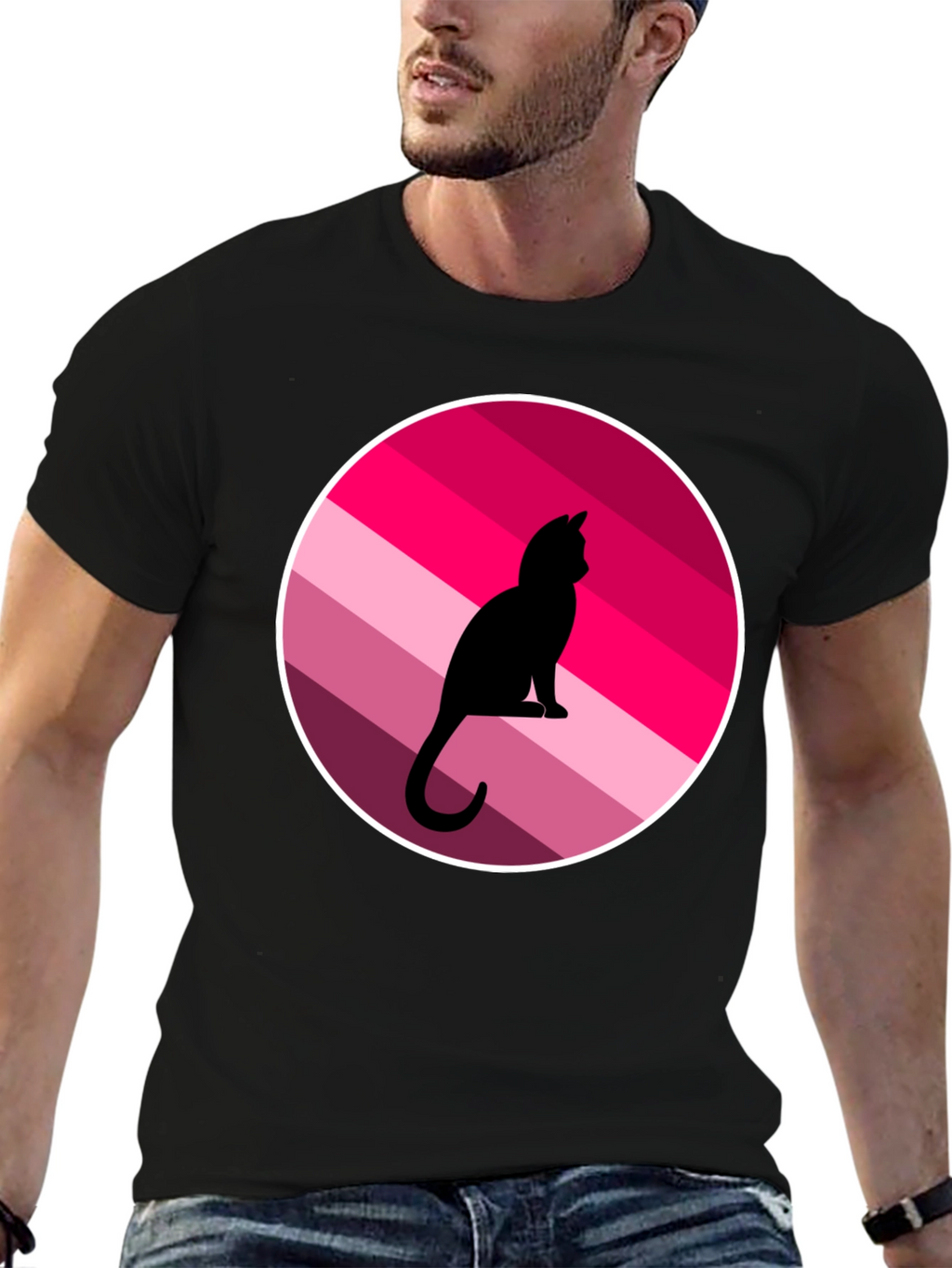 Cat Silhouette Striped Circle Graphic Tee