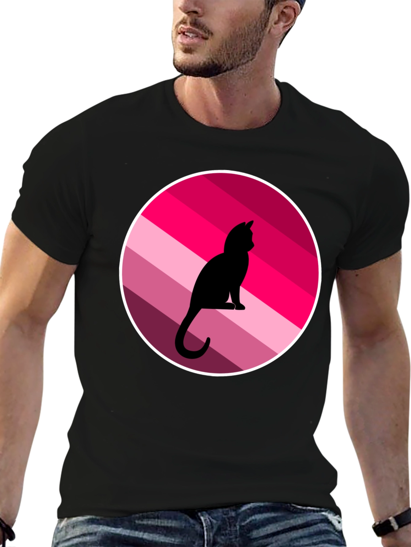 Cat Silhouette Striped Circle Graphic Tee