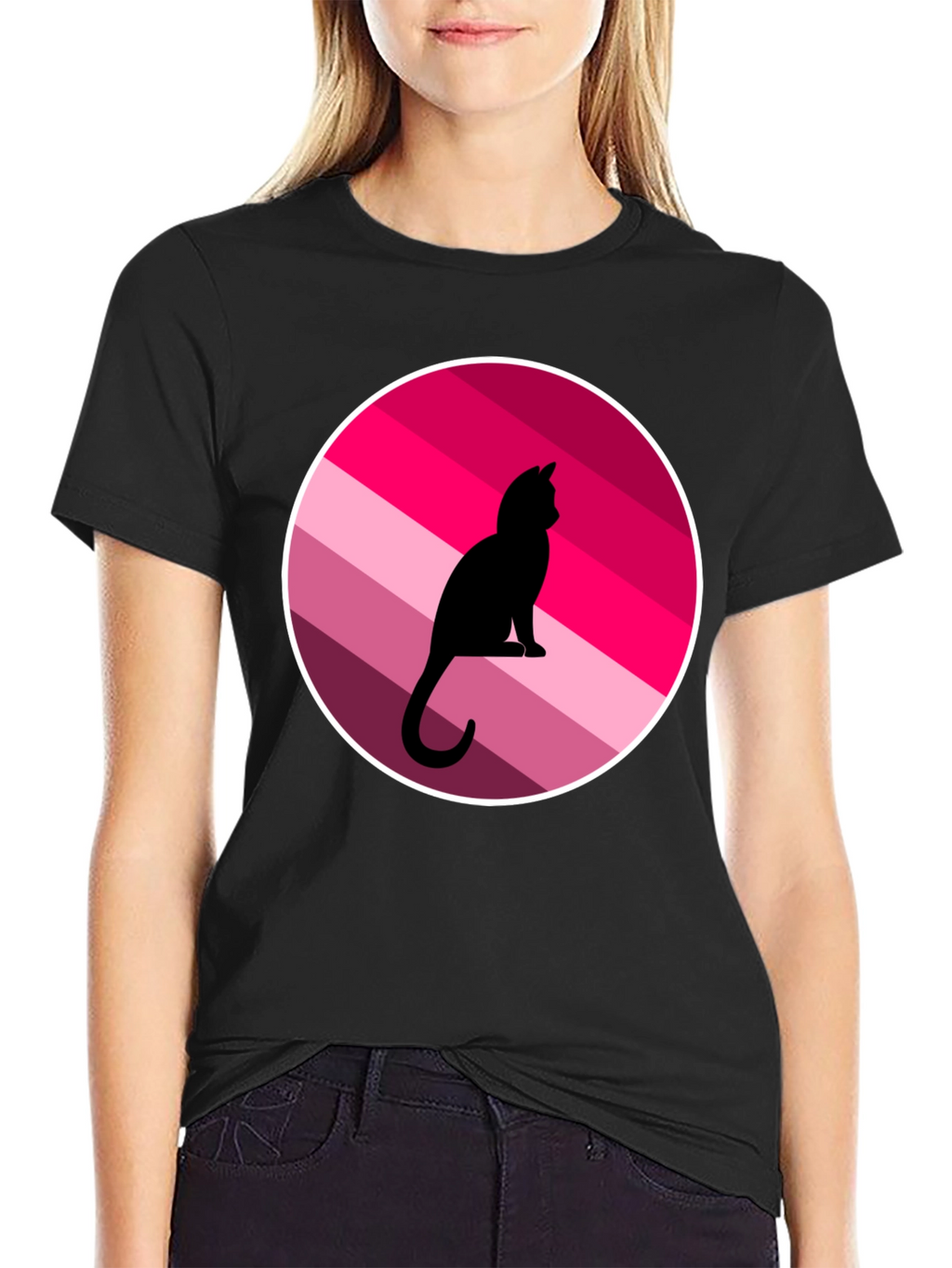 Cat Silhouette Striped Circle Graphic Tee