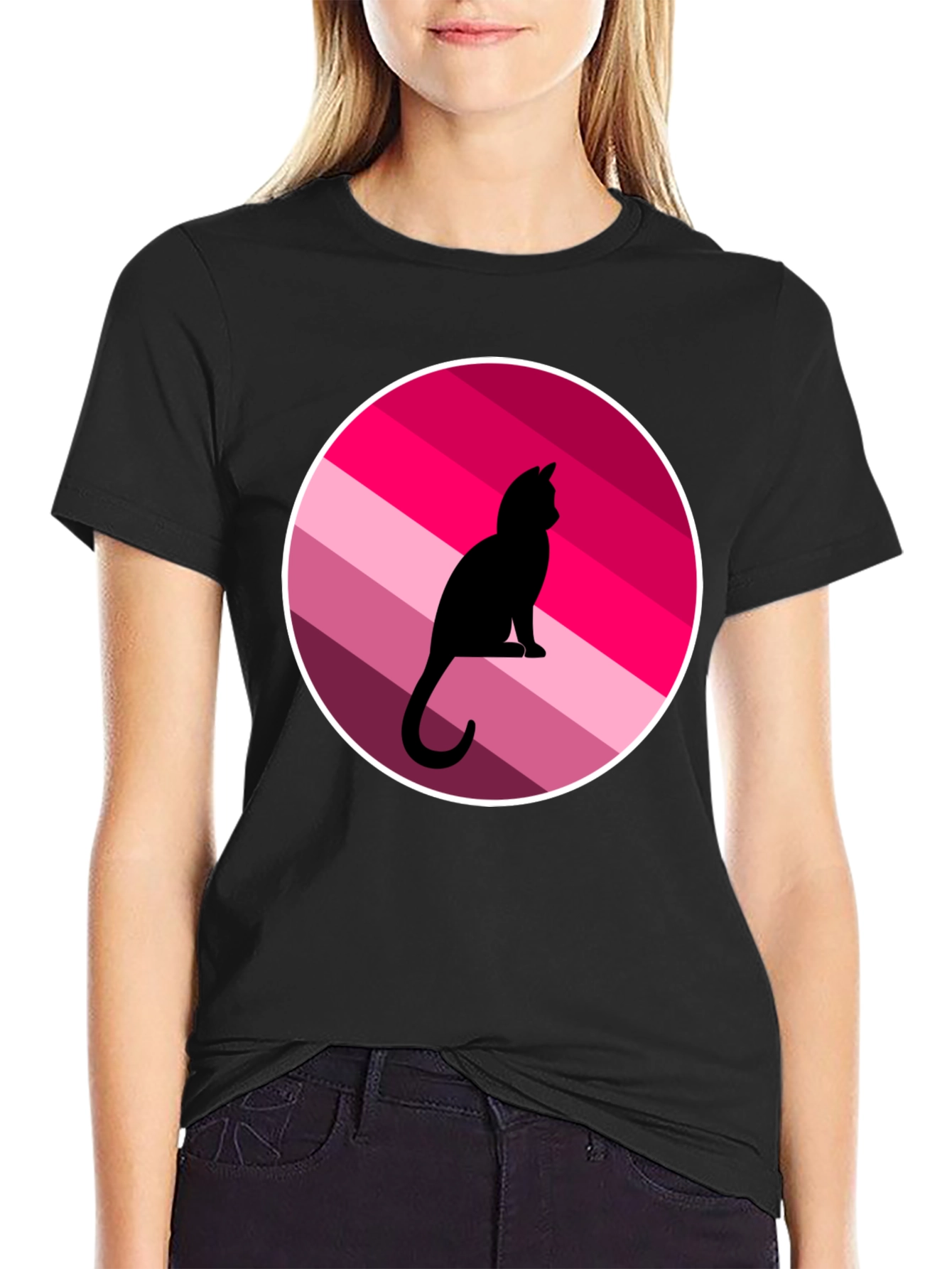Cat Silhouette Striped Circle Graphic Tee