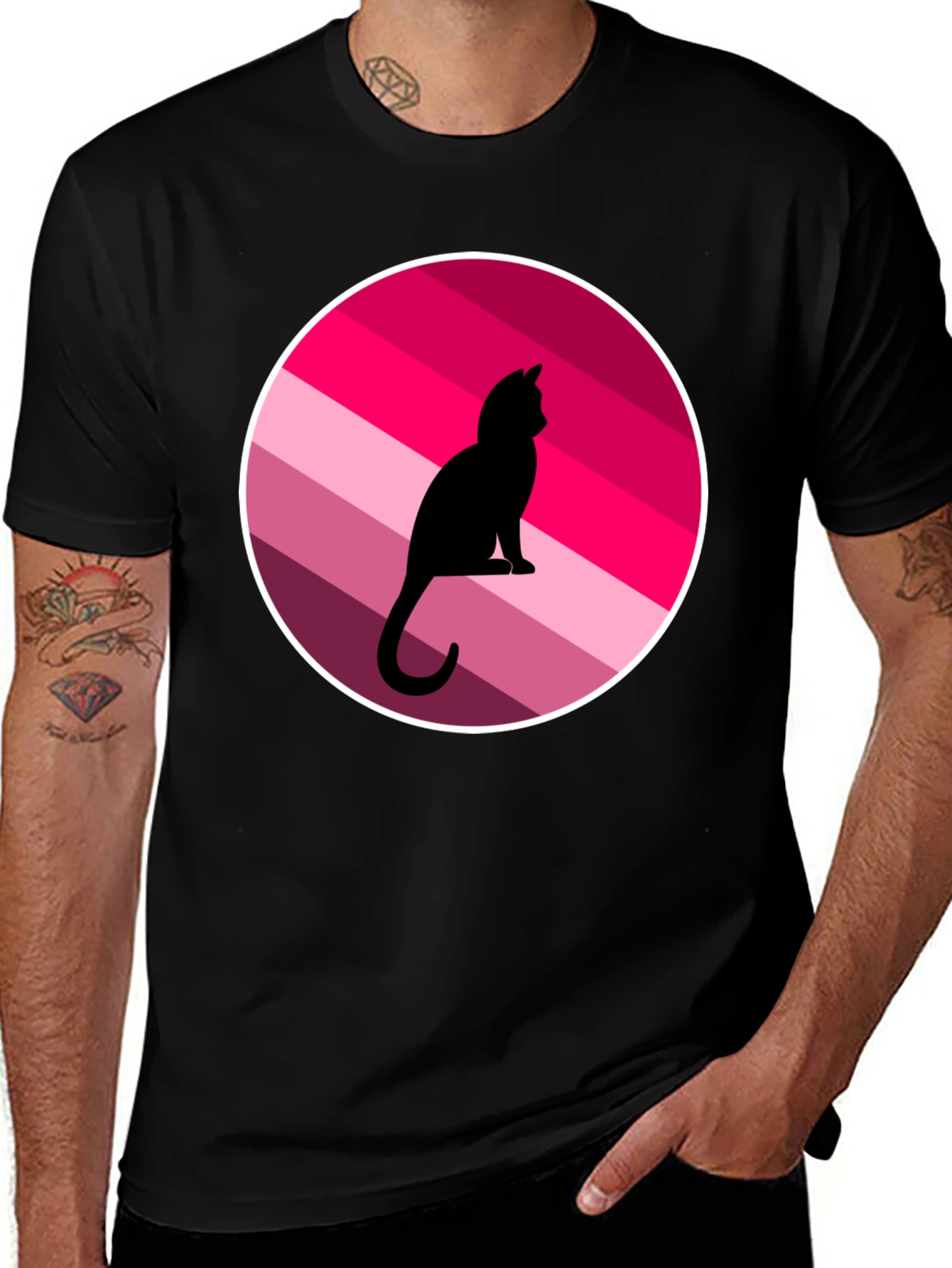 Cat Silhouette Striped Circle Graphic Tee