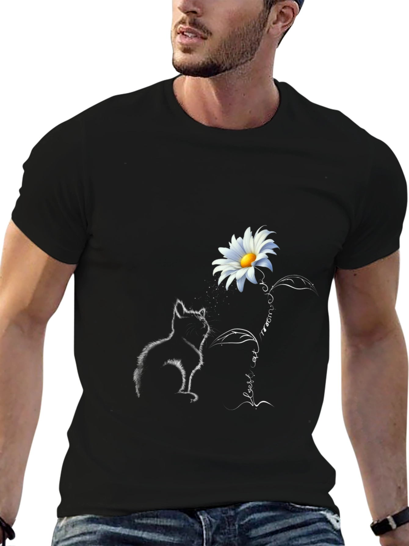 Daisy Cat Graphic Tee - Stylish Black T-Shirt